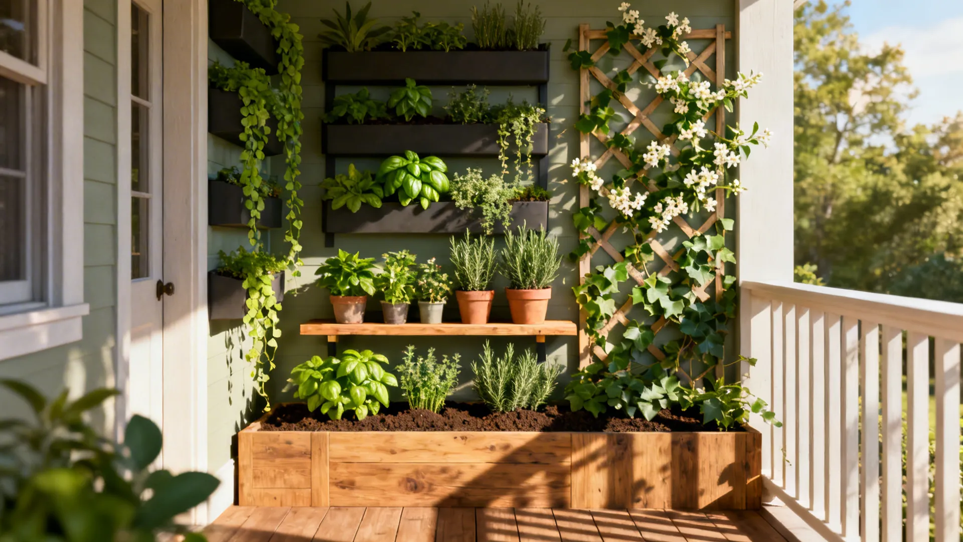 Small porch featuring wall planters, herb shelf and trellis with climbing vines.