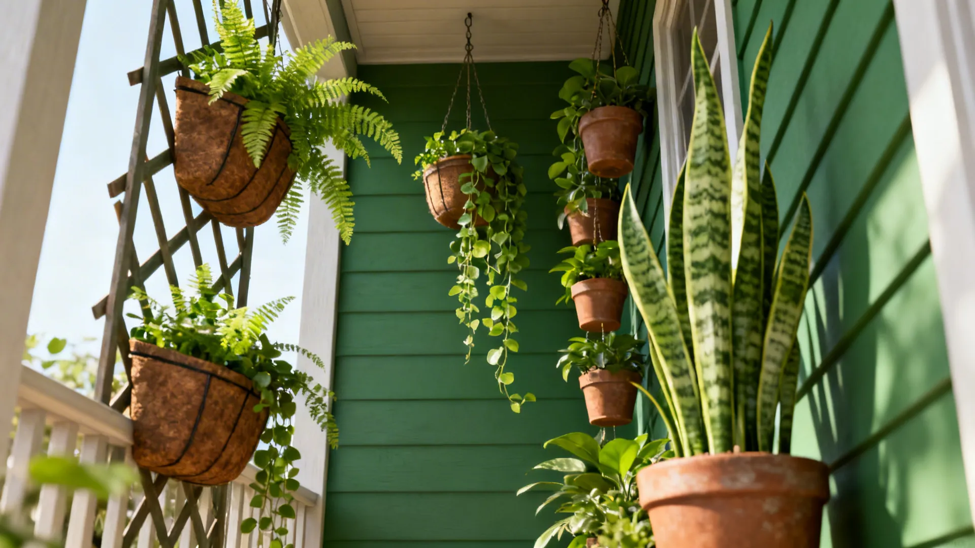 Small porch wall with vertical trellis and hanging planters creating lush greenery