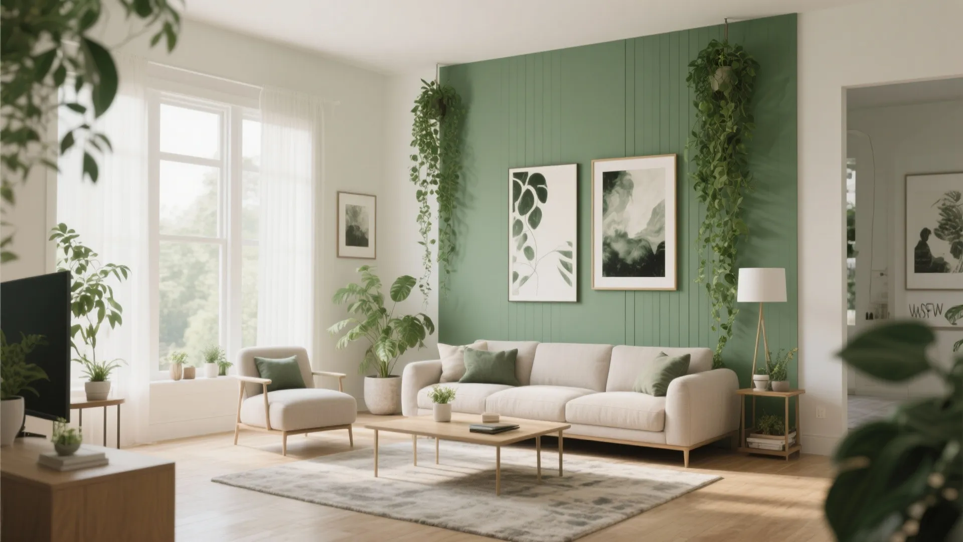 Bright living room features green wall panel hanging plants white sofa wooden coffee table rug