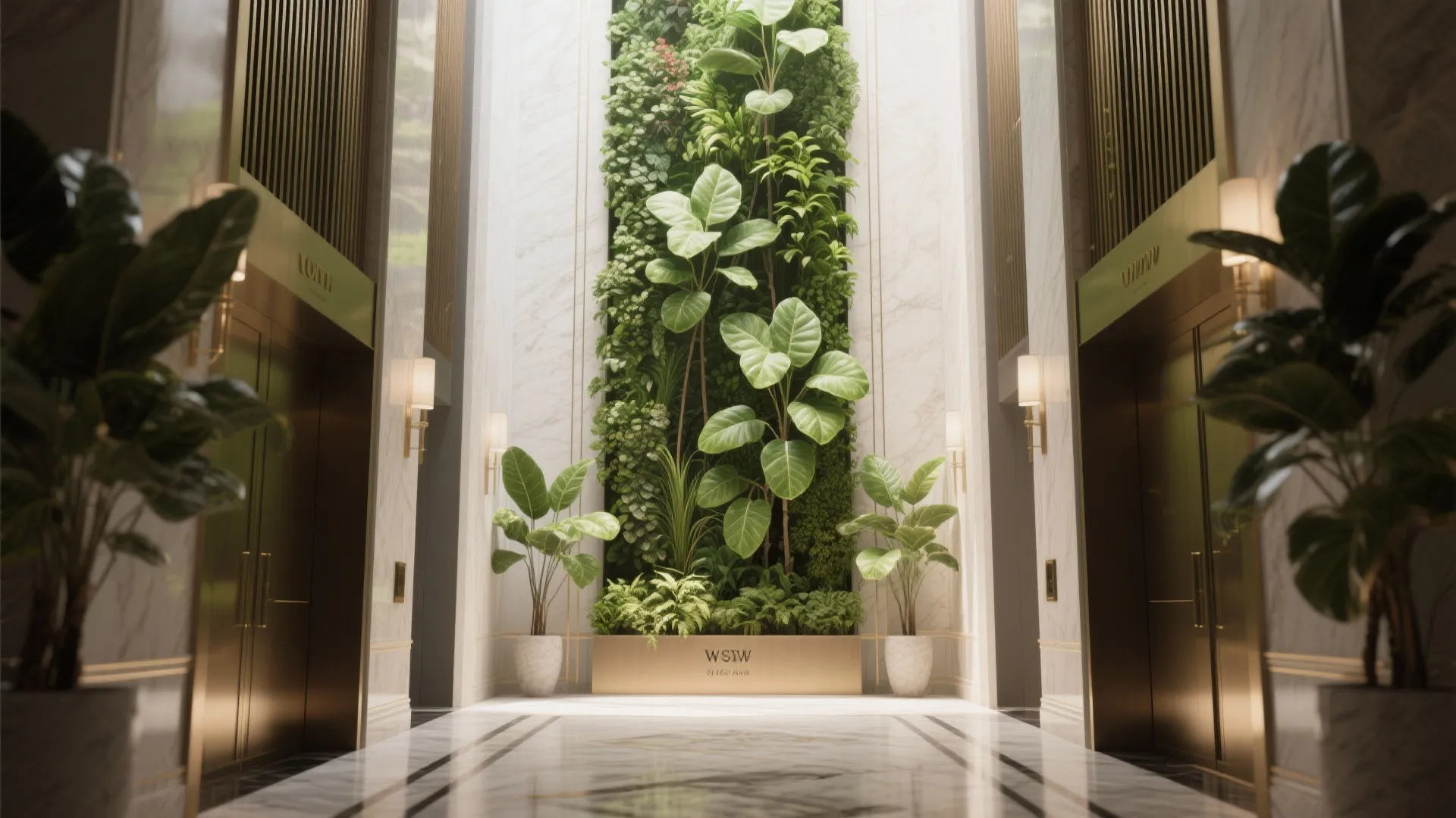 Tall foyer with vertical planter wall and lush indoor greenery