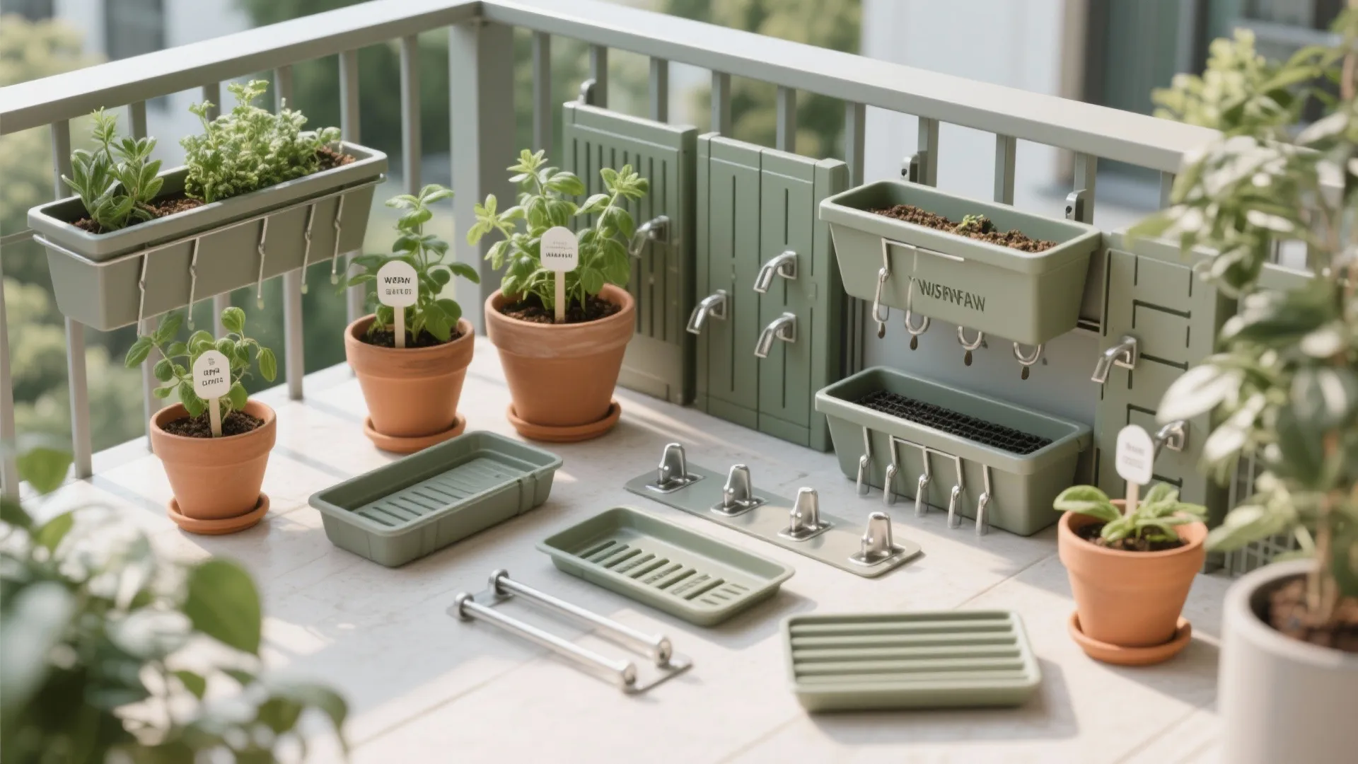 Flatlay of balcony vertical garden components including railing planters, modular shelves, pots, and drip trays.