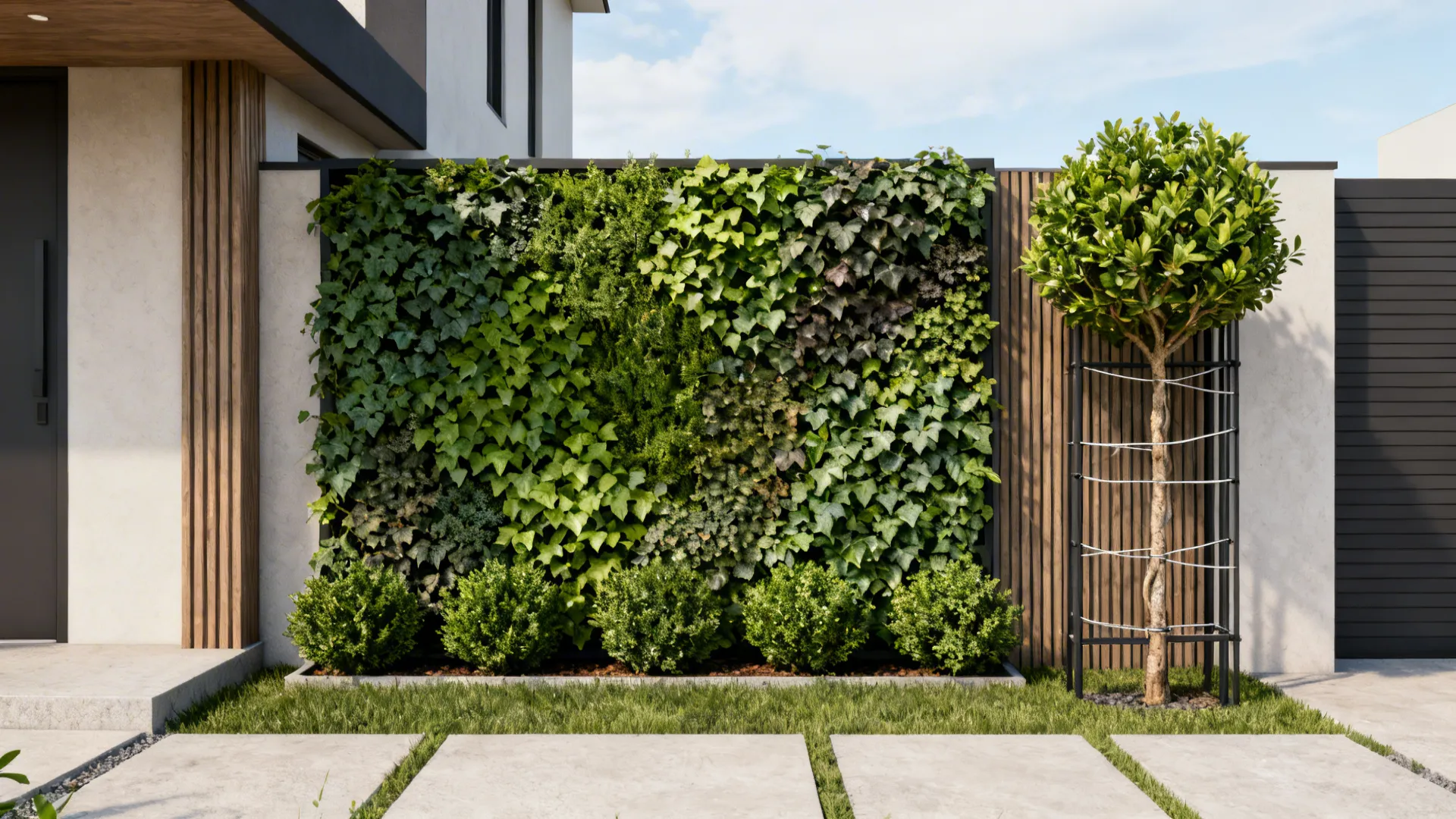 Living wall and espaliered tree creating privacy on a small front yard façade