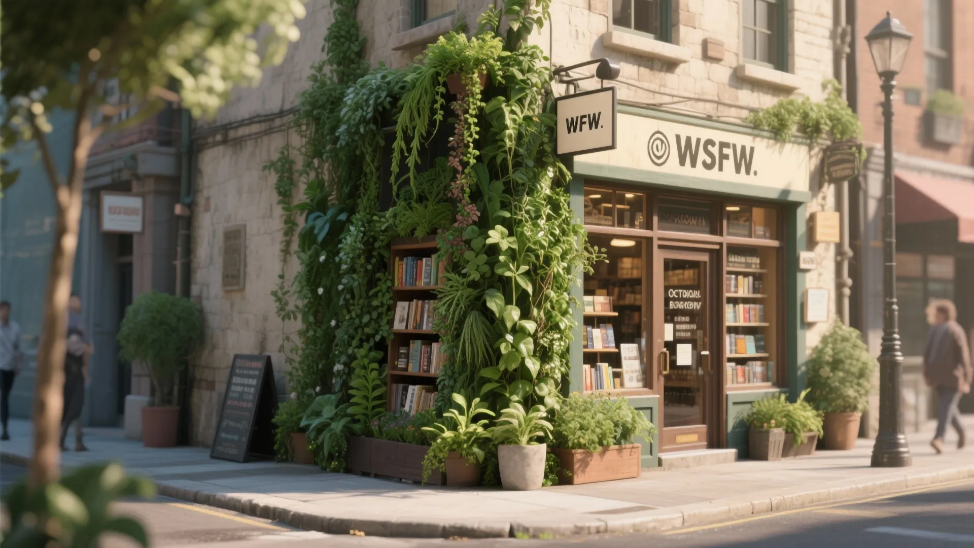 Corner store front decorated with green plants and a wooden shelf filled with many books