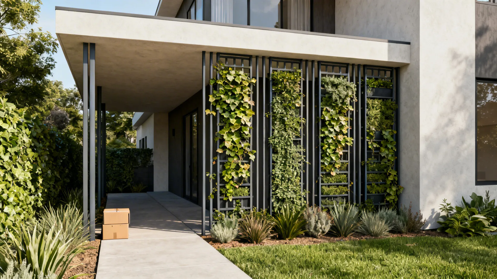 Modern house porch with black vertical garden trellis green climbing plants walkway and cardboard boxes