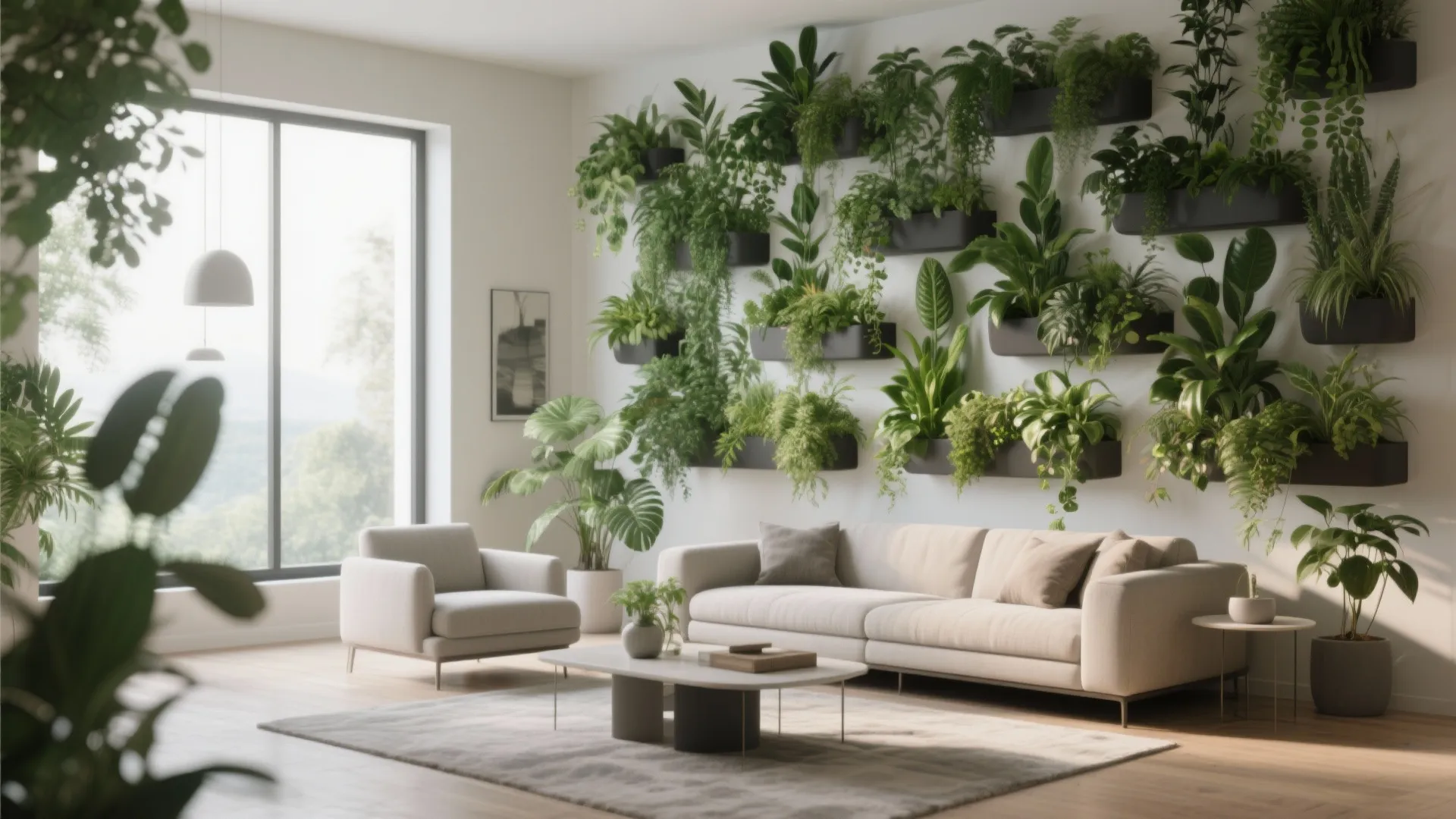 Modern living room with large green plant wall, white sofa, armchair, and low coffee table