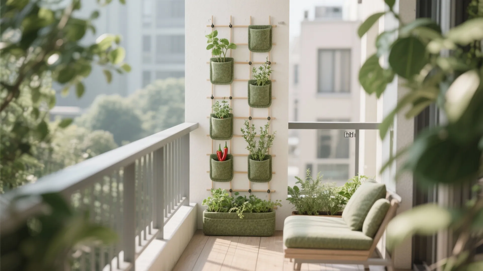 Vertical trellis with narrow herb planters on a small balcony, keeping the floor open.