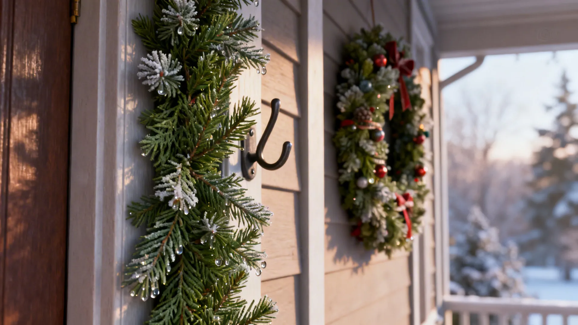Close-up of cedar garland and stacked small wreaths hung vertically on a porch wall.