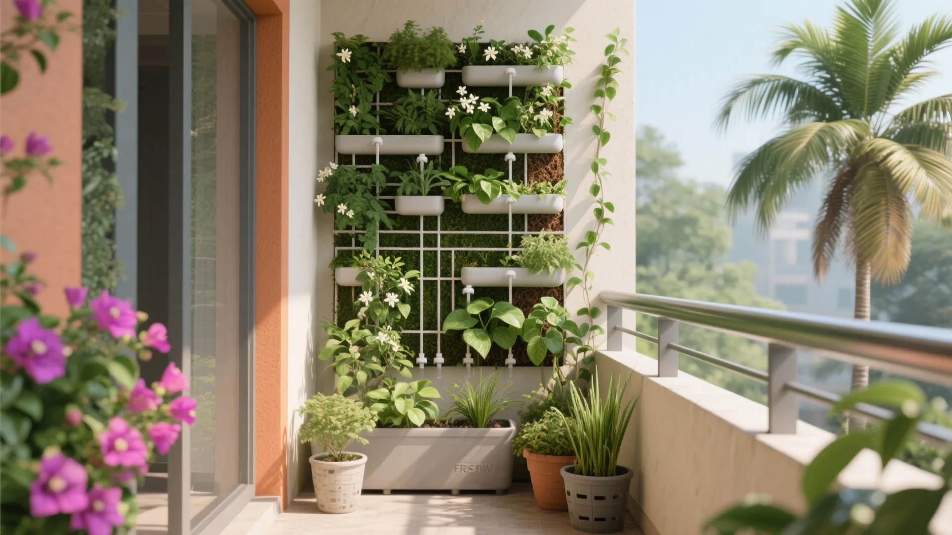 Vertical garden wall with white planters and green plants on a sunny balcony with floor pots