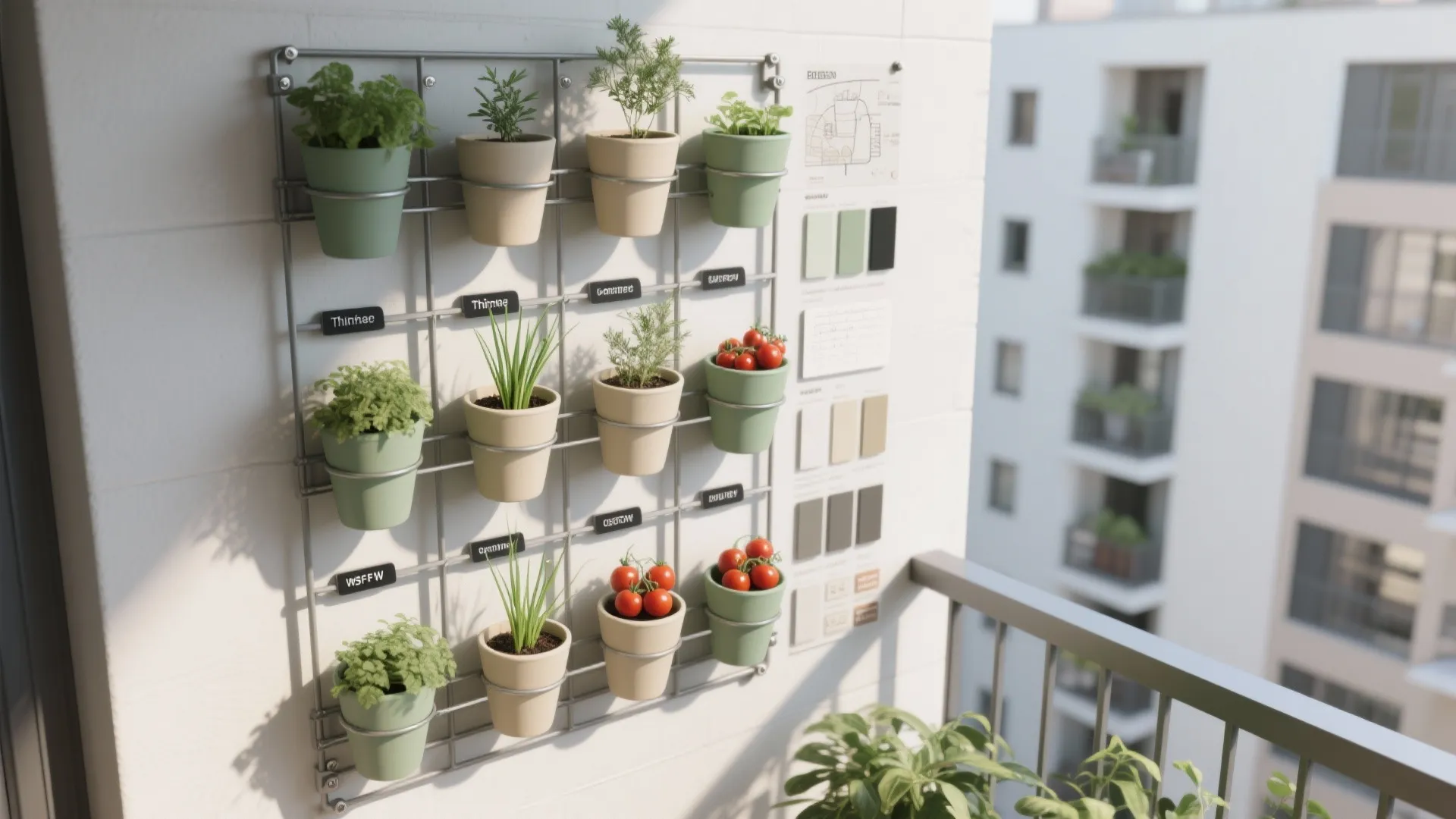 Metal wall grid holding multiple small herb pots with tomatoes and plants on apartment balcony