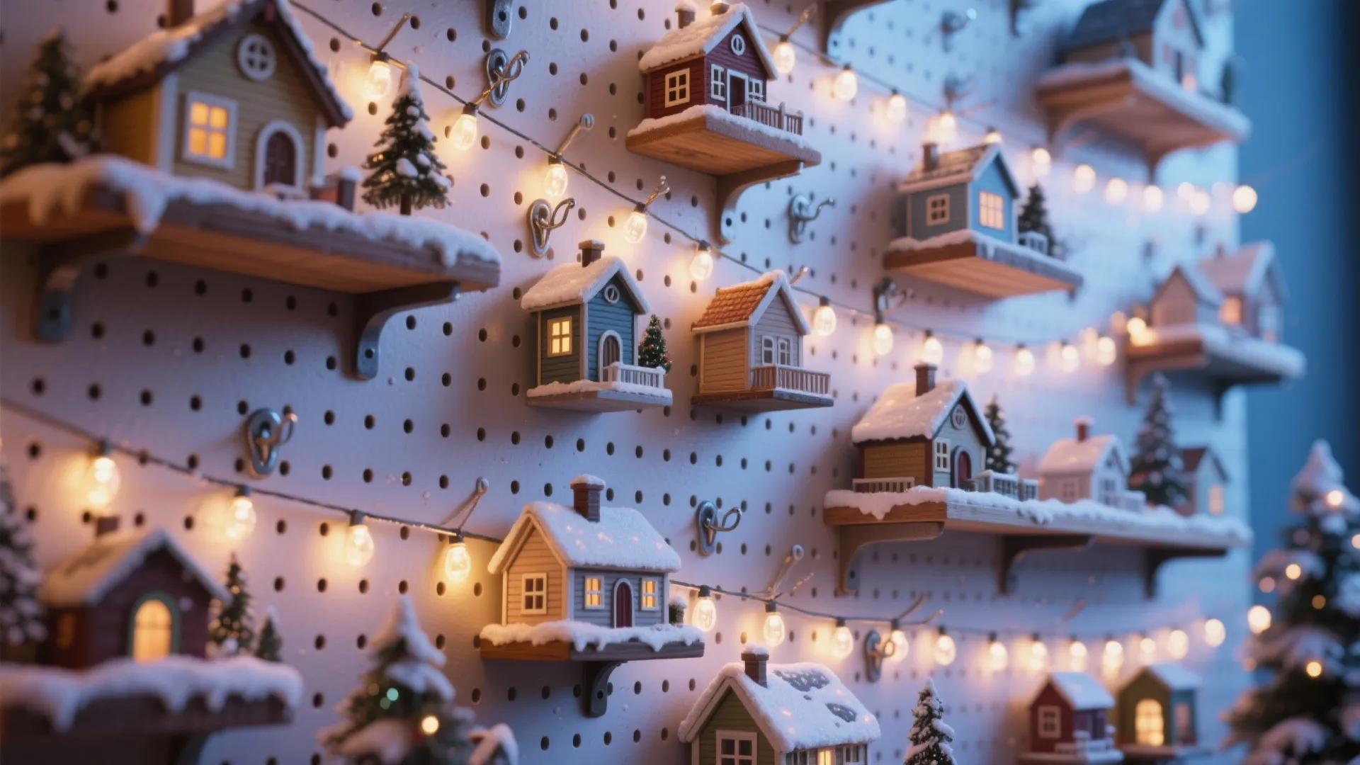 White wall panel with small model houses on shelves and glowing warm string light decorations