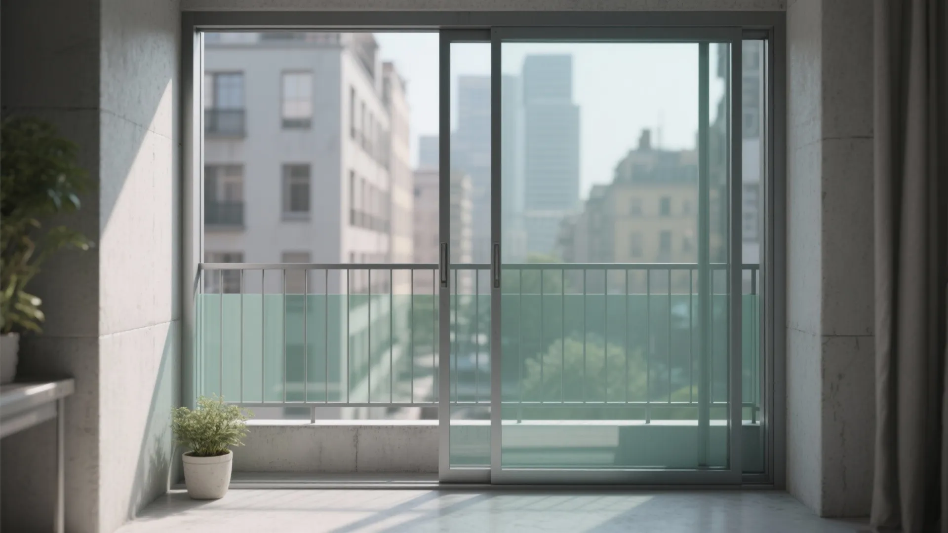 Modern balcony with sliding glass doors overlooking tall city buildings and green trees in daylight