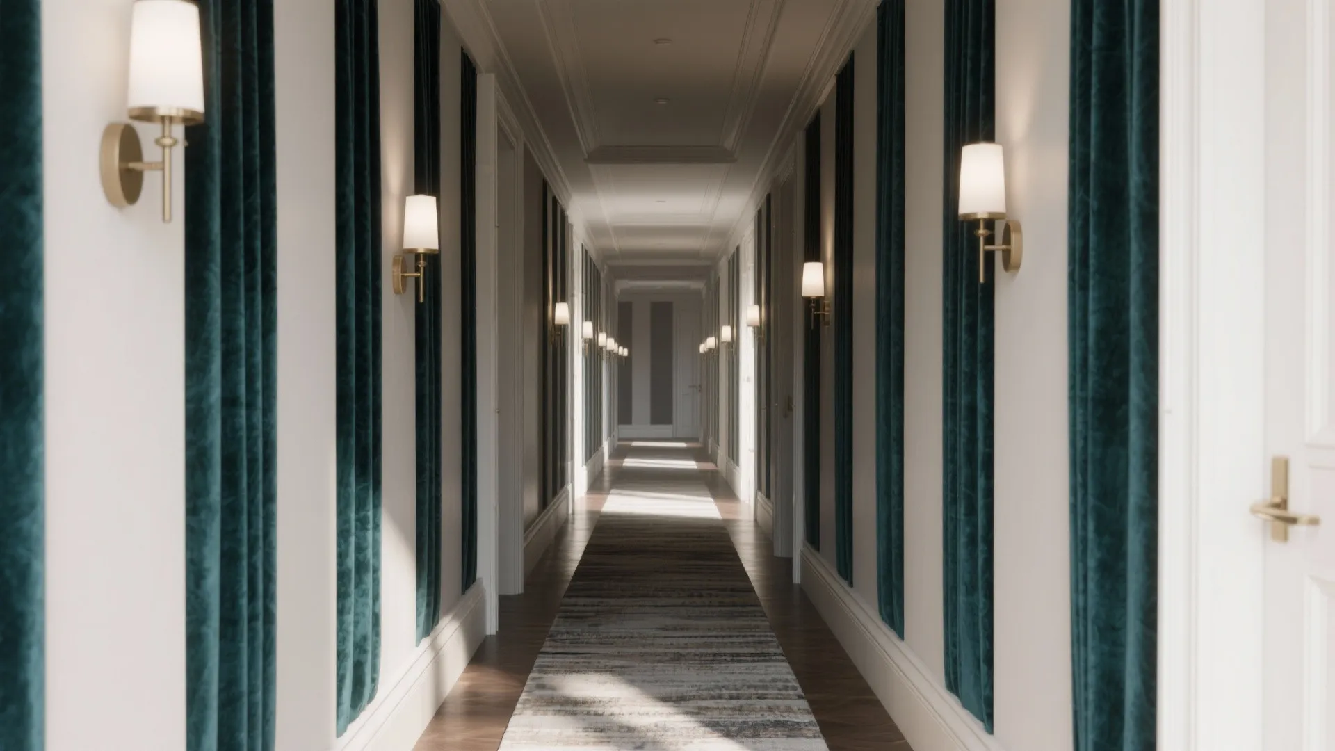 Long luxury hallway with dark green wall panels white walls gold wall lights and floor rug