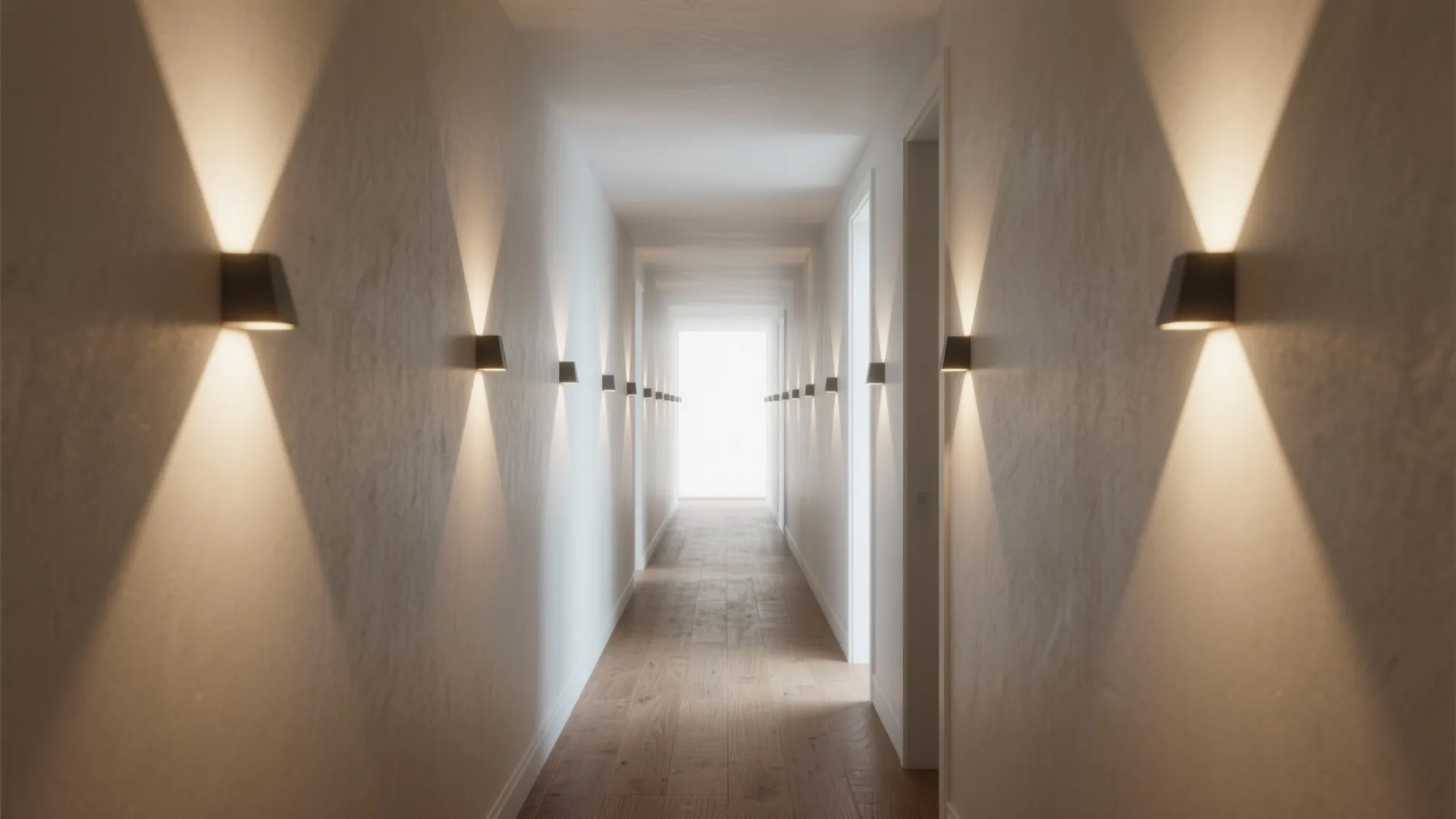 Long white hallway with wooden floors and several small black wall light fixtures creating shadows