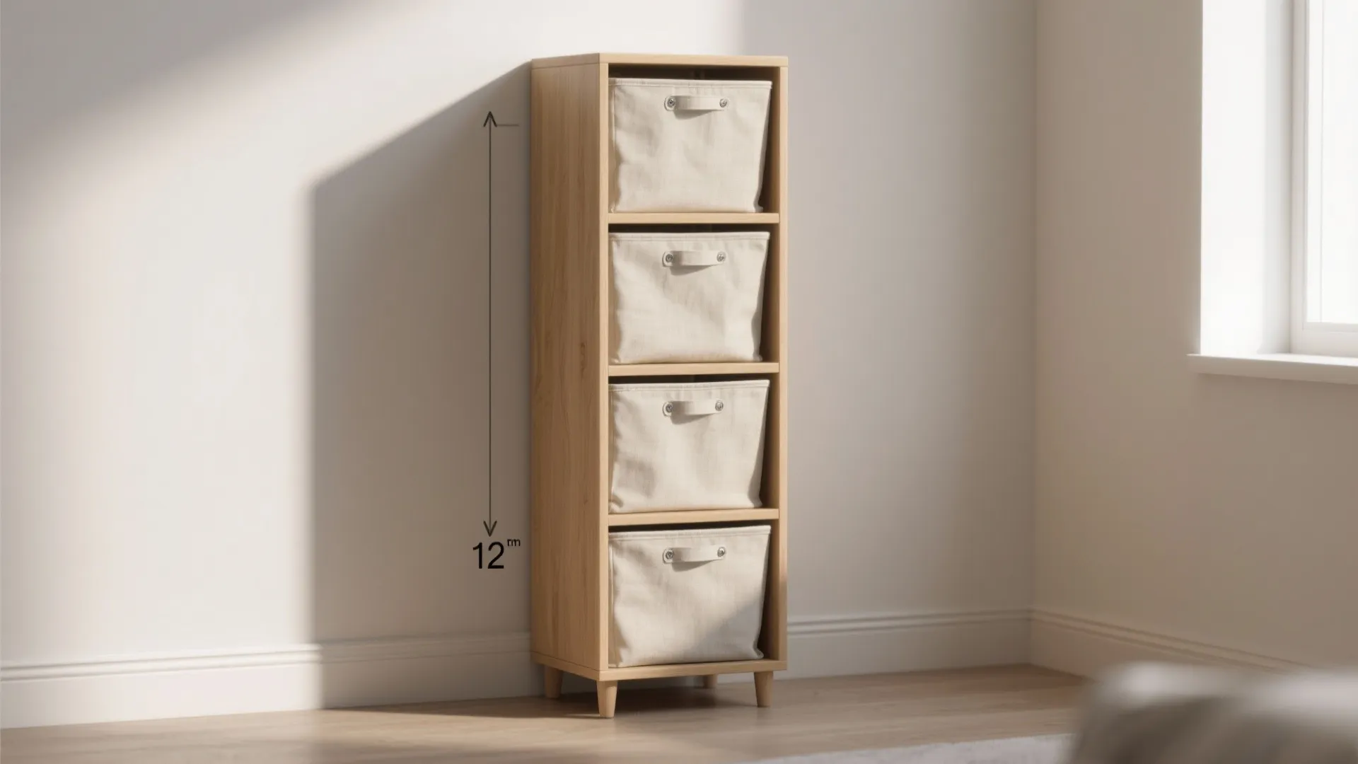 Slim vertical hamper tower with stacked canvas bins on a narrow wall in a small apartment.