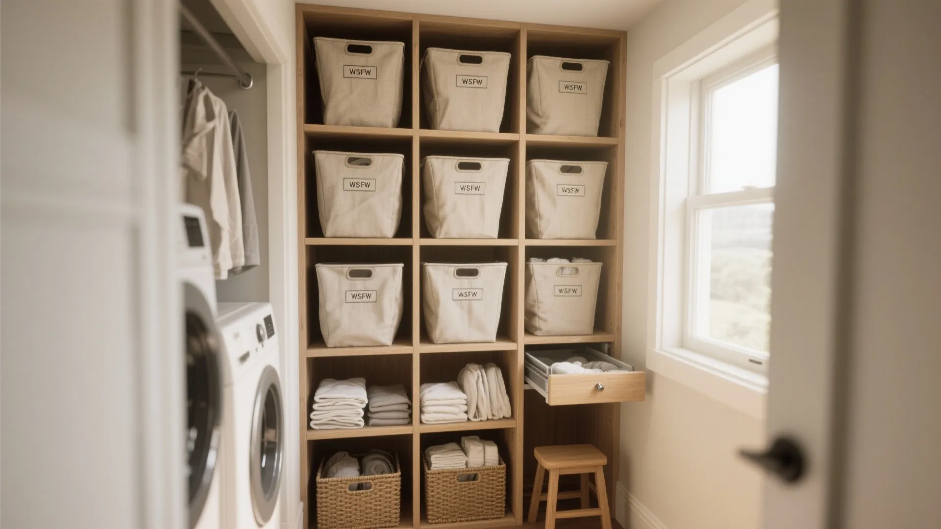 1. Vertical shelving with built-in hampers