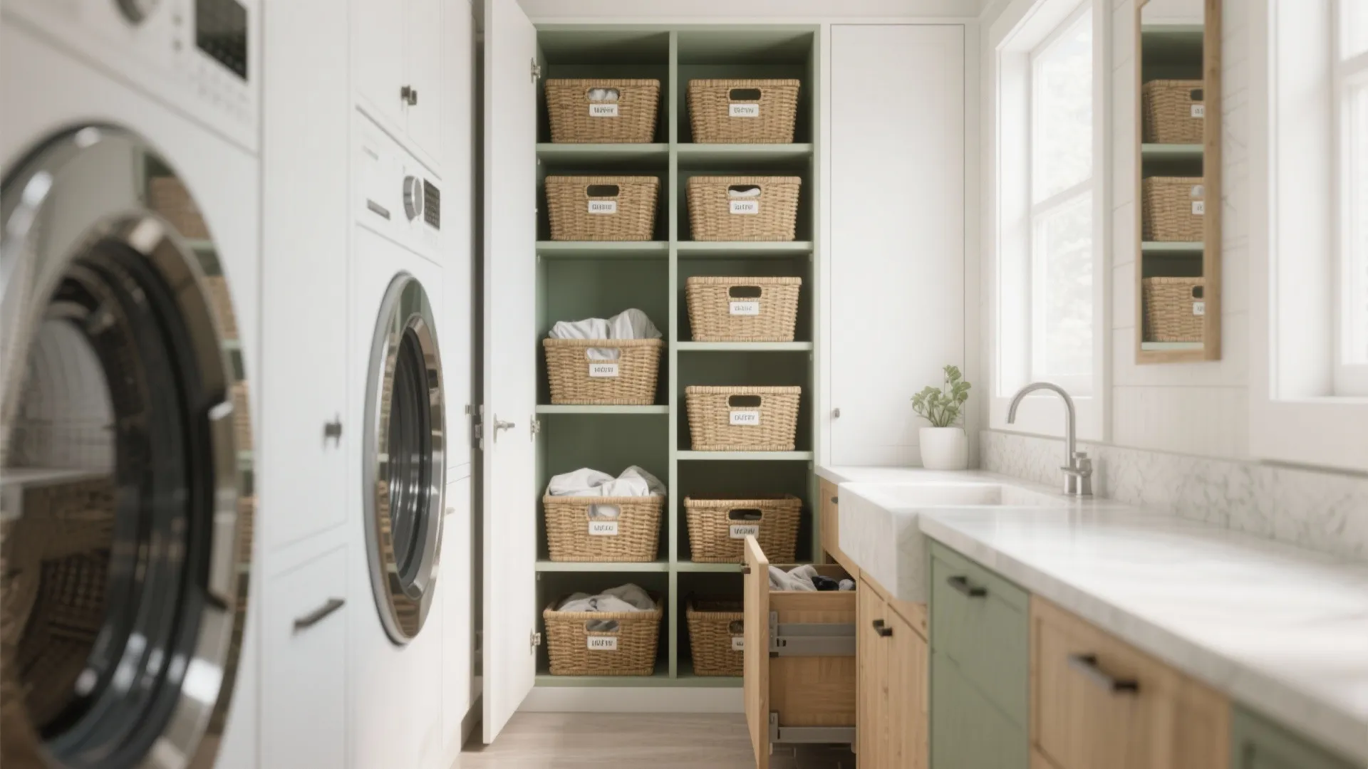 Narrow laundry alcove with vertical shelving and slide-out hampers under a counter