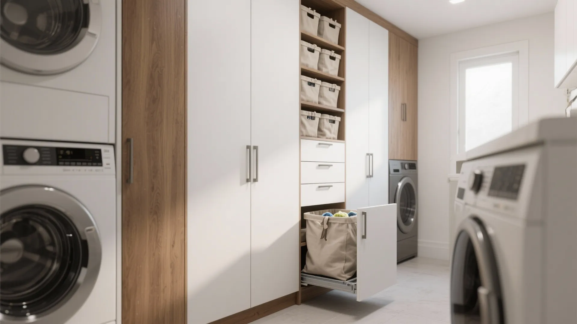 Modern laundry room featuring tall white cabinets with pull out basket and stacked washing machine