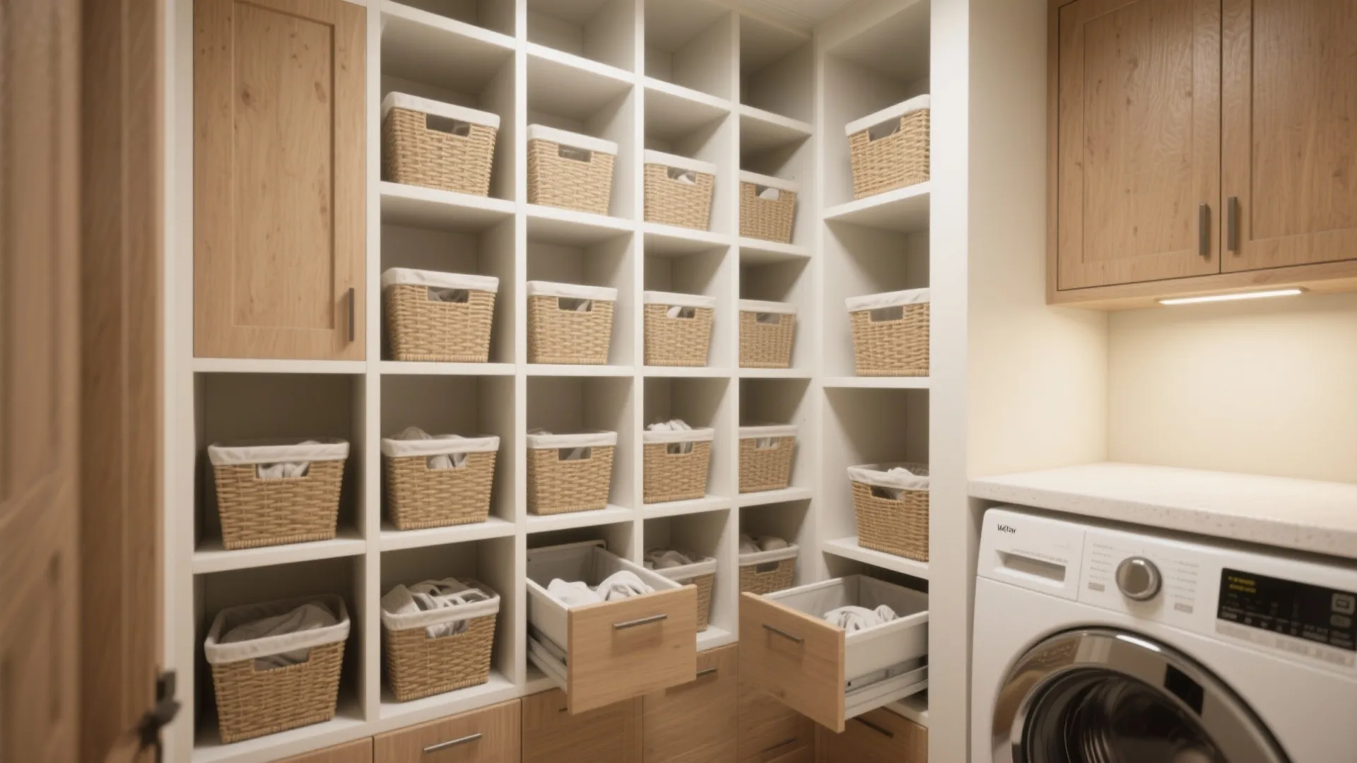 Large white grid shelf filled with woven baskets beside a washing machine and open drawers