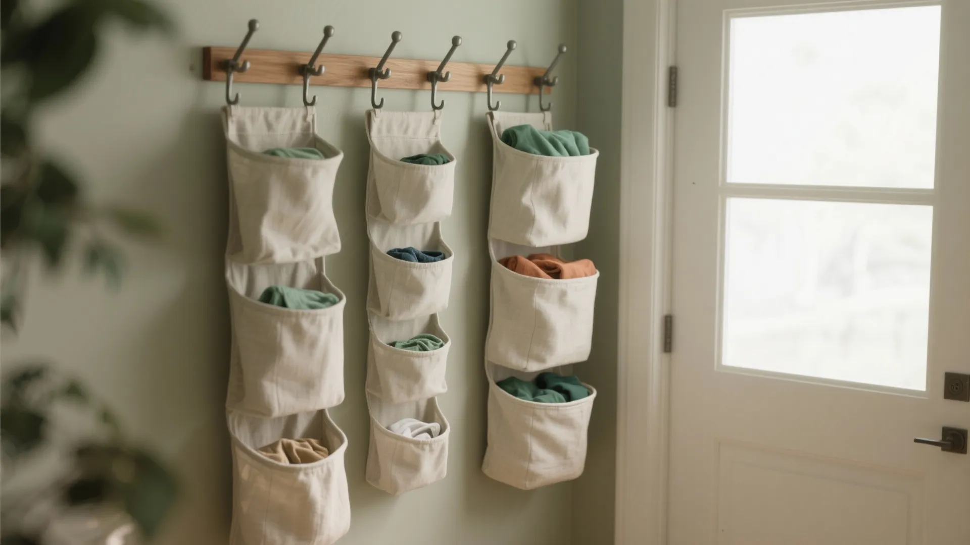 Beige hanging wall organizers with multiple pockets for laundry storage next to a white door