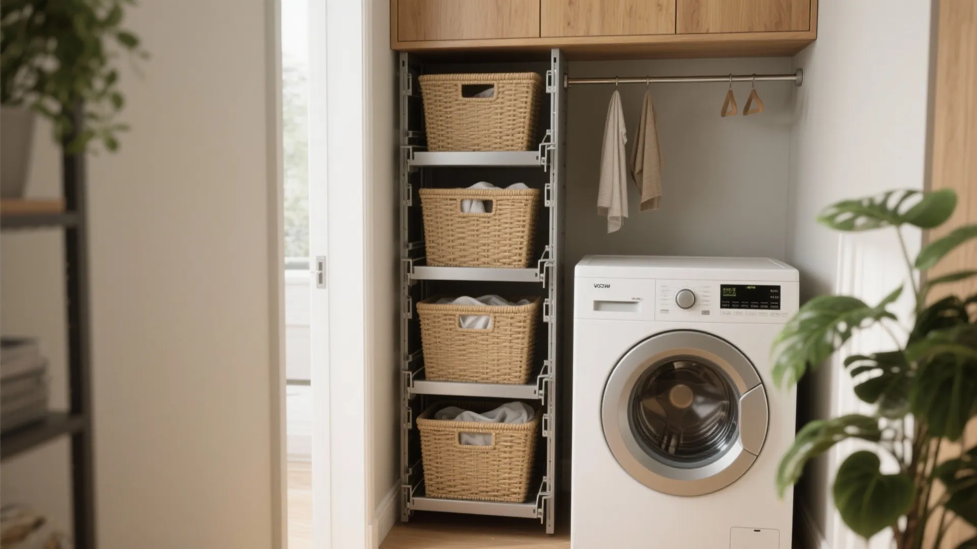 3. Go vertical with pull-out hampers and hanging rails
