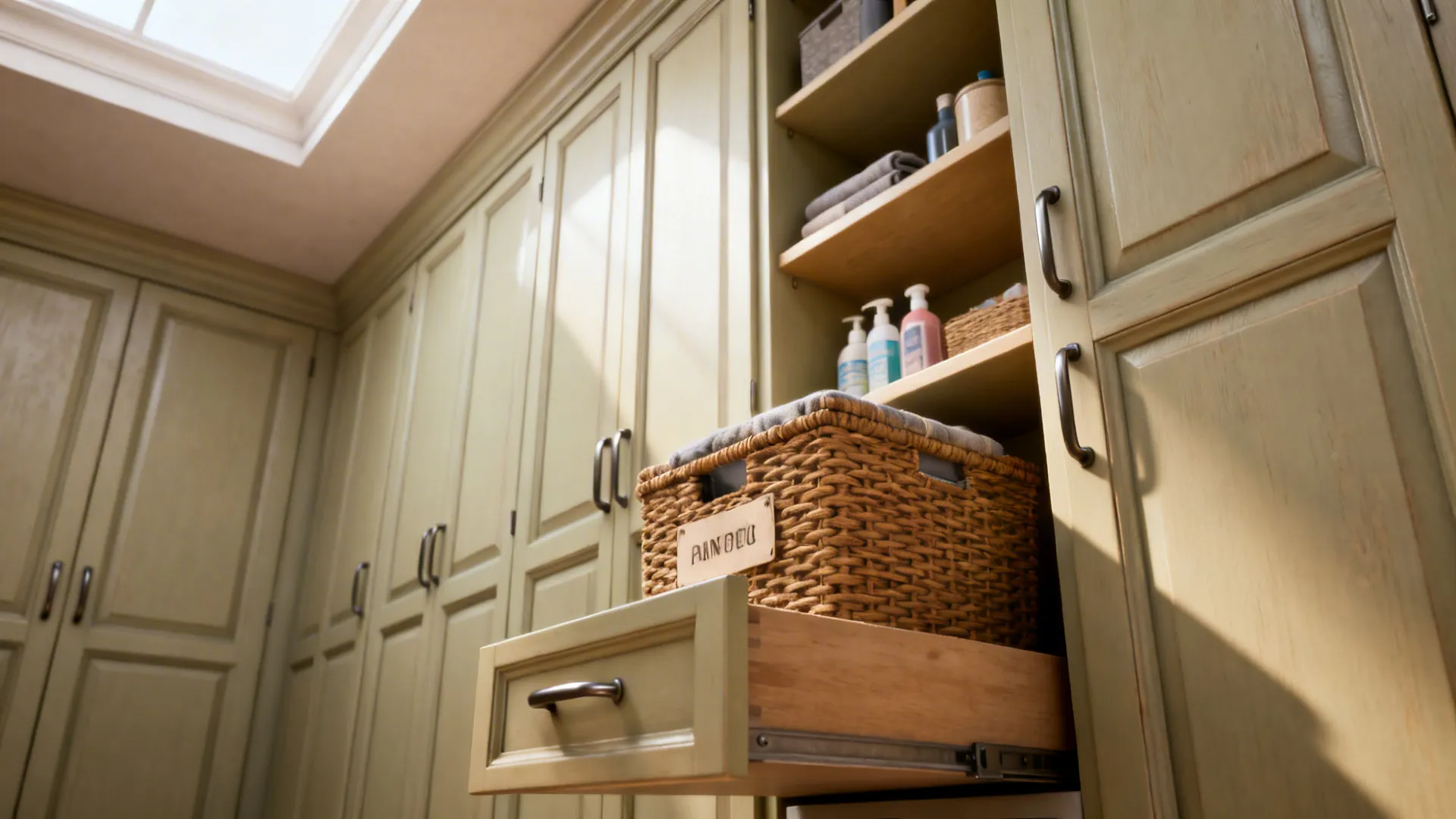 Tall laundry cabinets with a pull-out hamper drawer and labeled baskets on adjustable shelves.