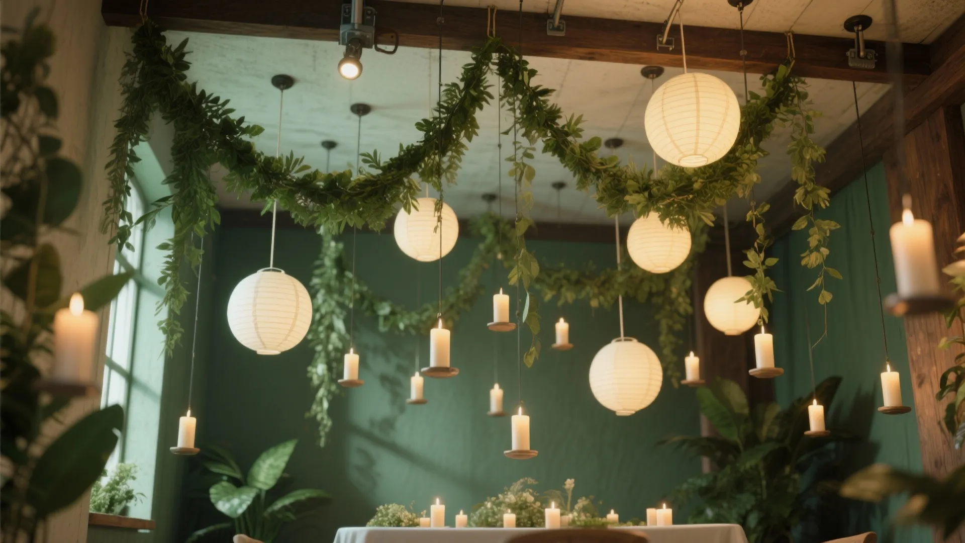 Indoor event space with green walls hanging paper ceiling lights green leaves and many white candles