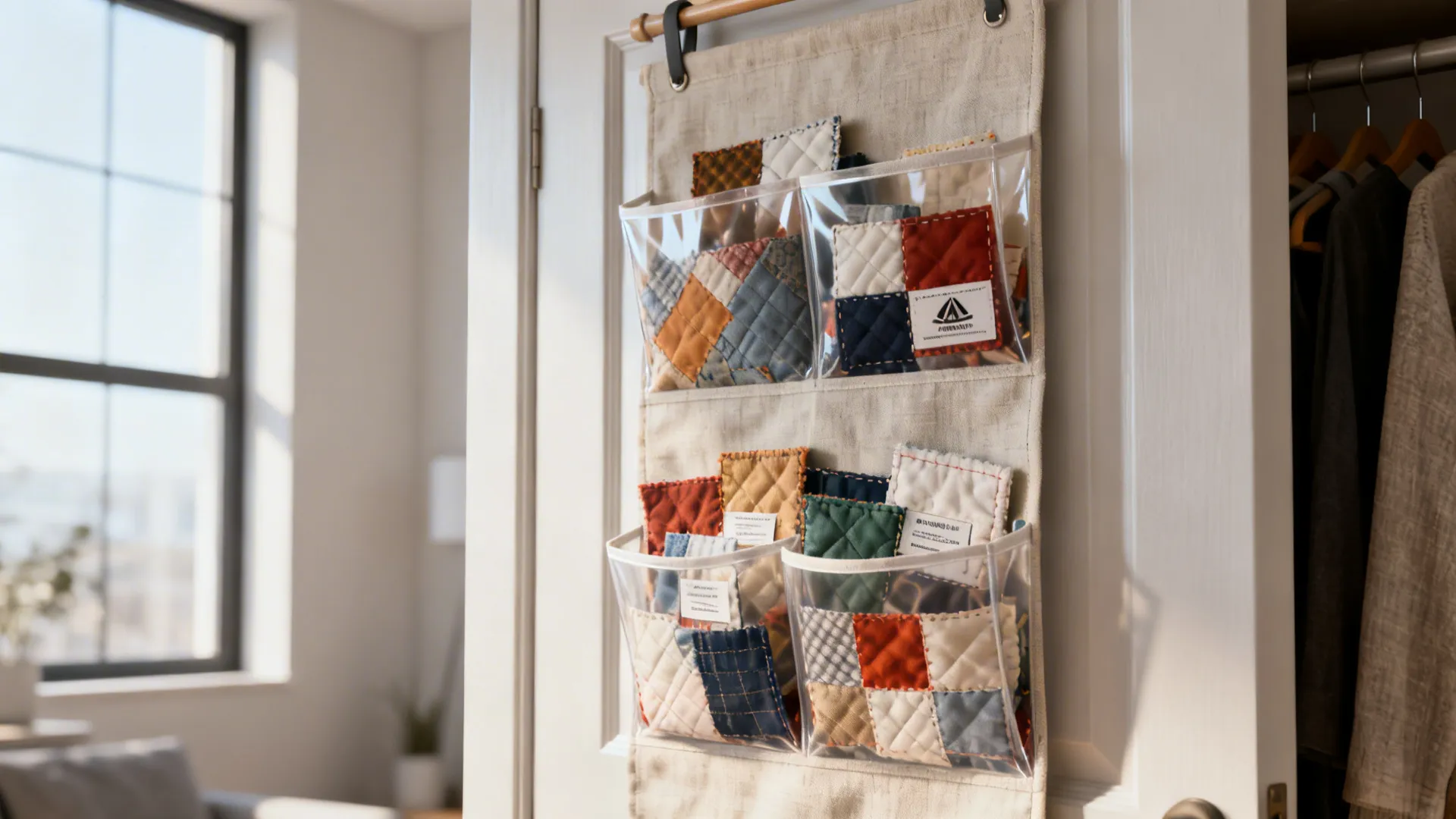 Clear hanging pockets filled with quilting squares and fabric remnants