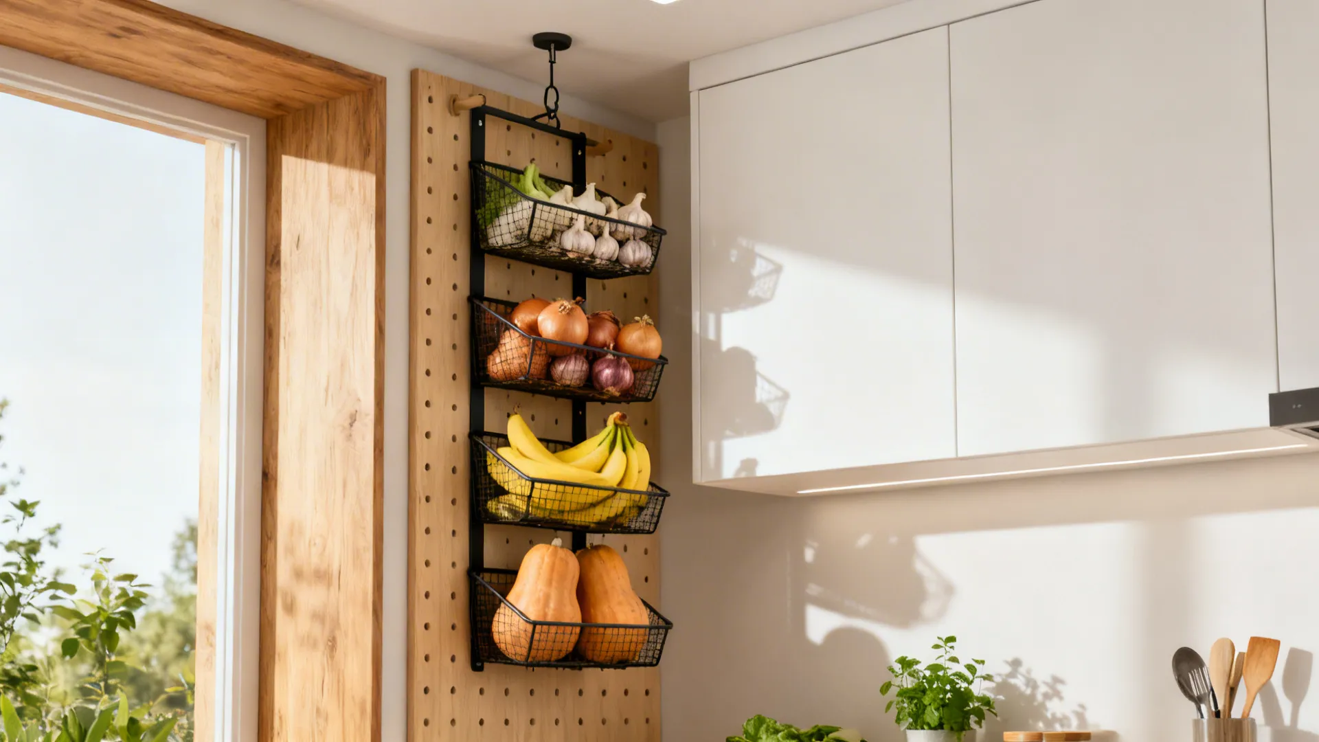 Compact kitchen wall with peg rail and hanging mesh baskets holding onions, garlic, shallots, and bananas.