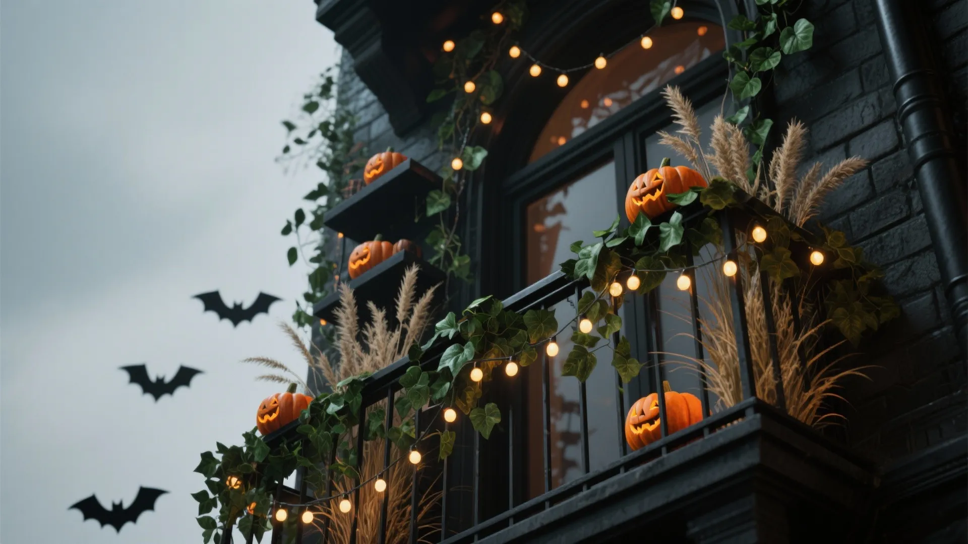 Outdoor balcony decorated for Halloween with carved pumpkins string lights green leaves and bat wall