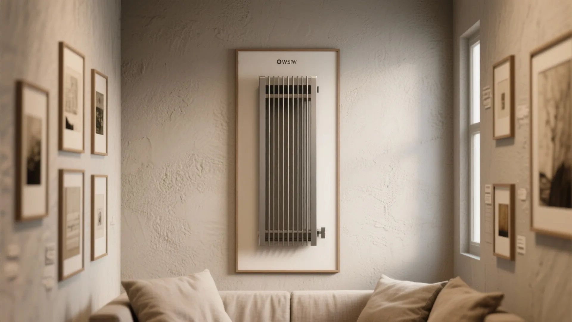 Vertical metal wall heater mounted like artwork above a beige sofa in a minimalist room