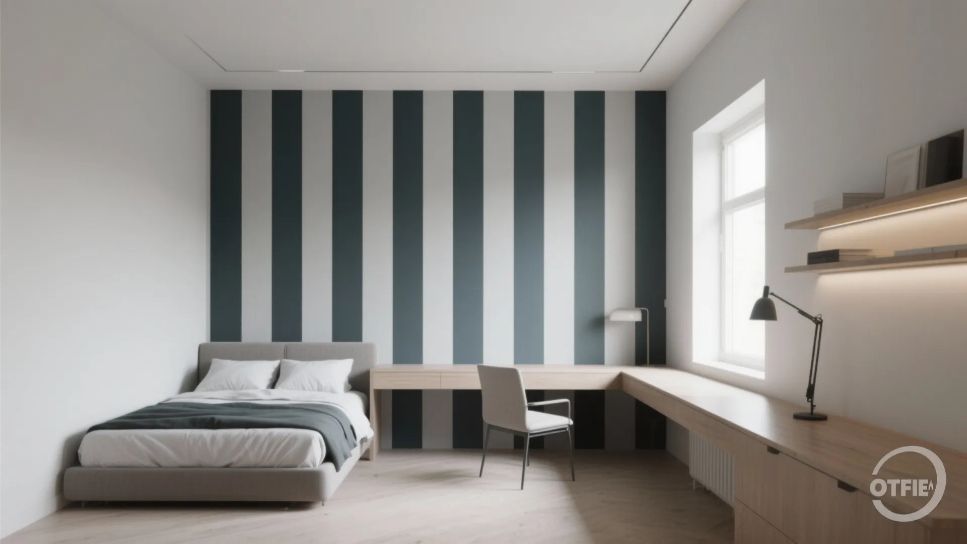 Room with painted vertical panels behind a bed to create the illusion of greater height.