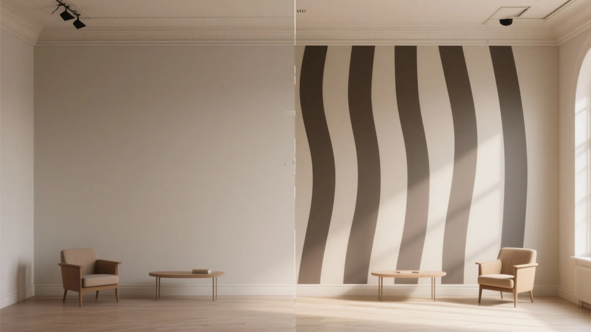 Comparison of a plain white wall versus a wall with vertical wavy brown stripe pattern