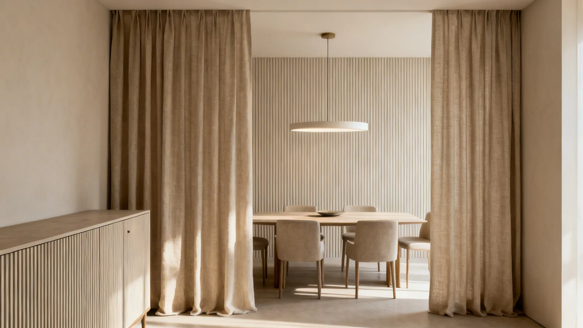 Modern dining room with beige curtains wooden table beige chairs and a round white ceiling light