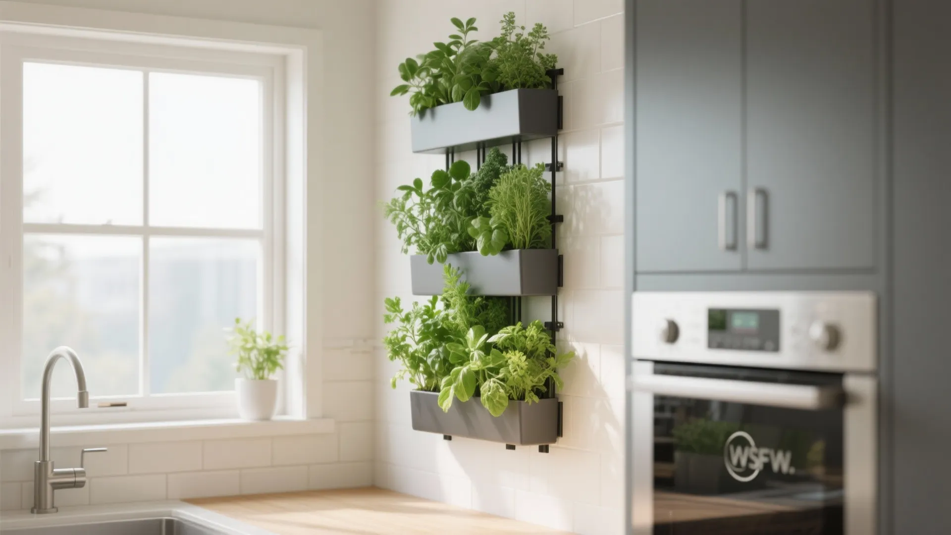 Vertical herb garden beside a bright corner kitchen window