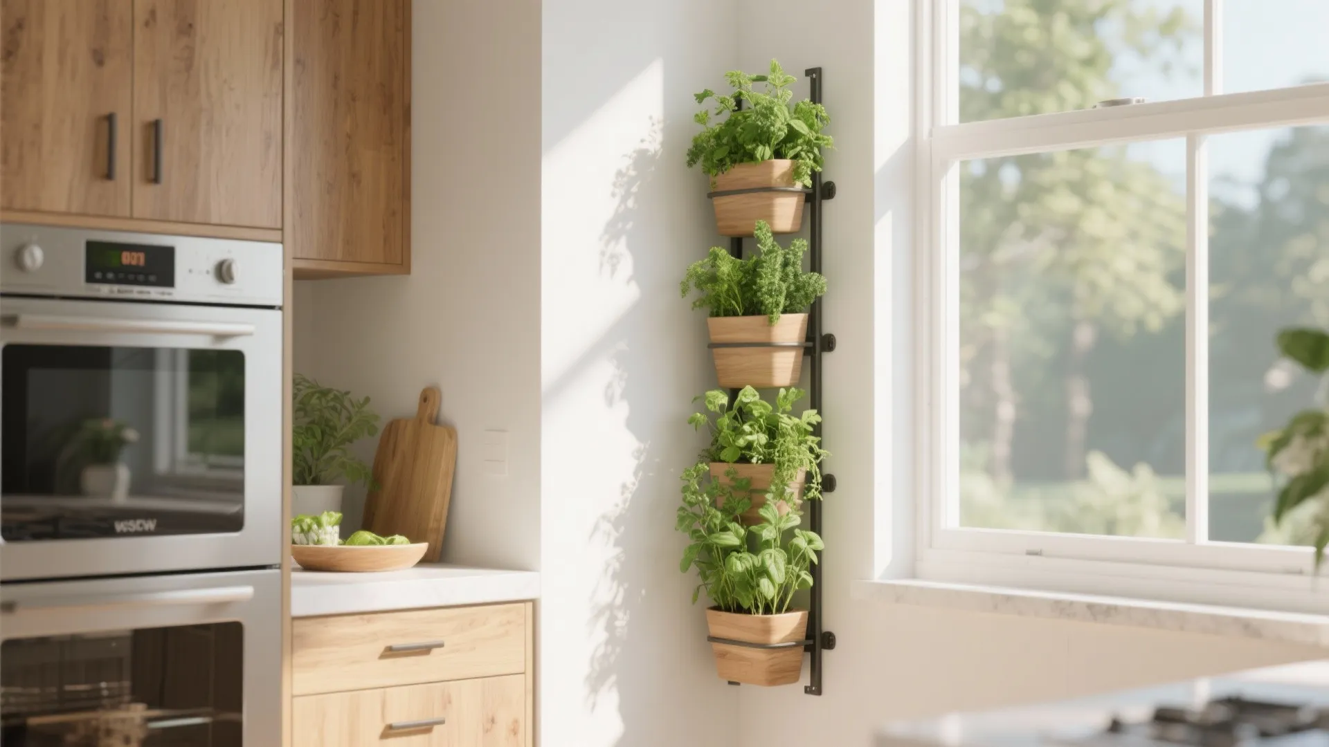 Modern kitchen with vertical herb garden on white wall near window and wood cabinet design
