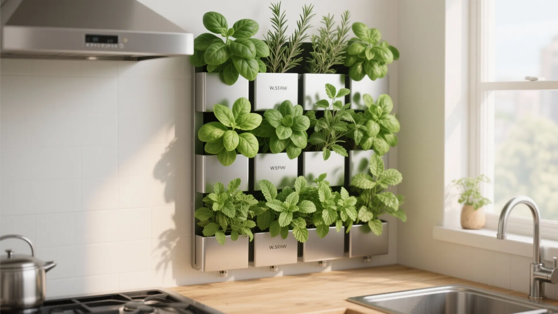 Vertical indoor herb garden with metal containers growing fresh basil and mint in a kitchen