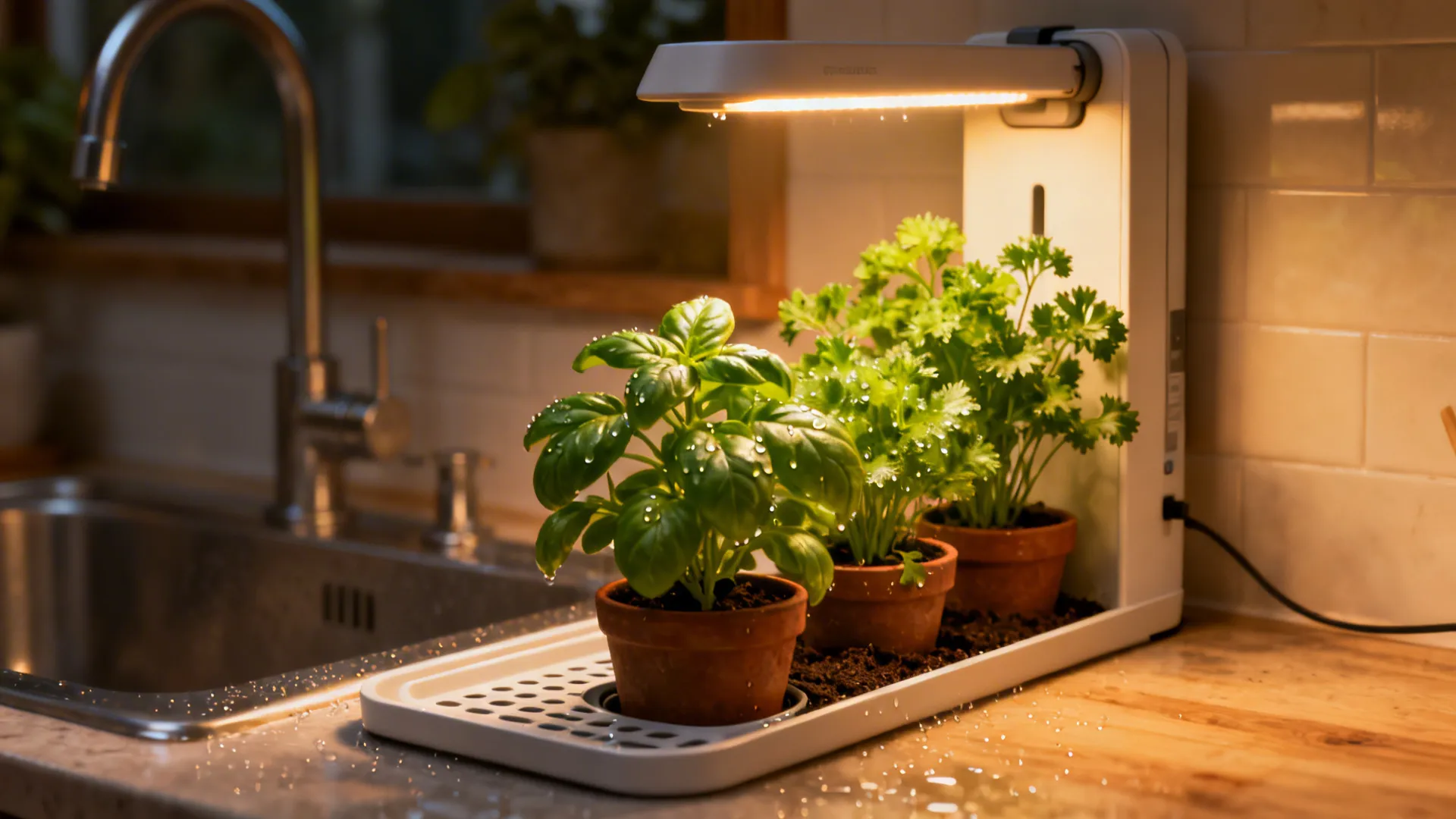 Slim vertical herb planter with basil and parsley above a sink and a small grow light