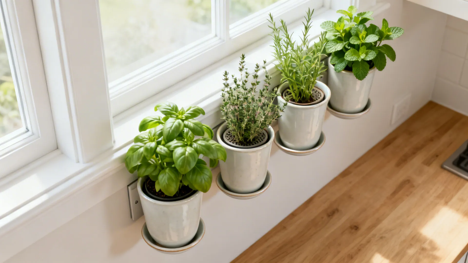 Vertical herb garden in slim planters