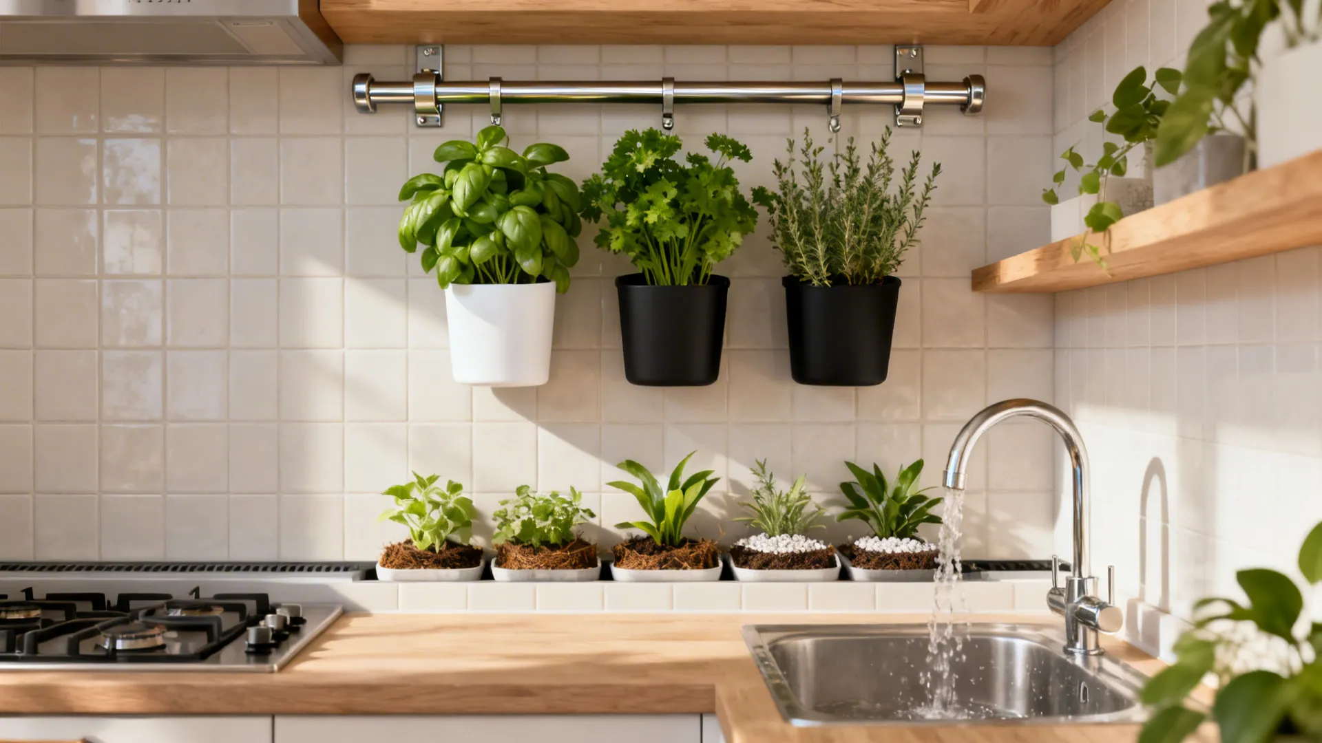Vertical herb garden hanging on wall rail in modern kitchen with sink and wooden countertop