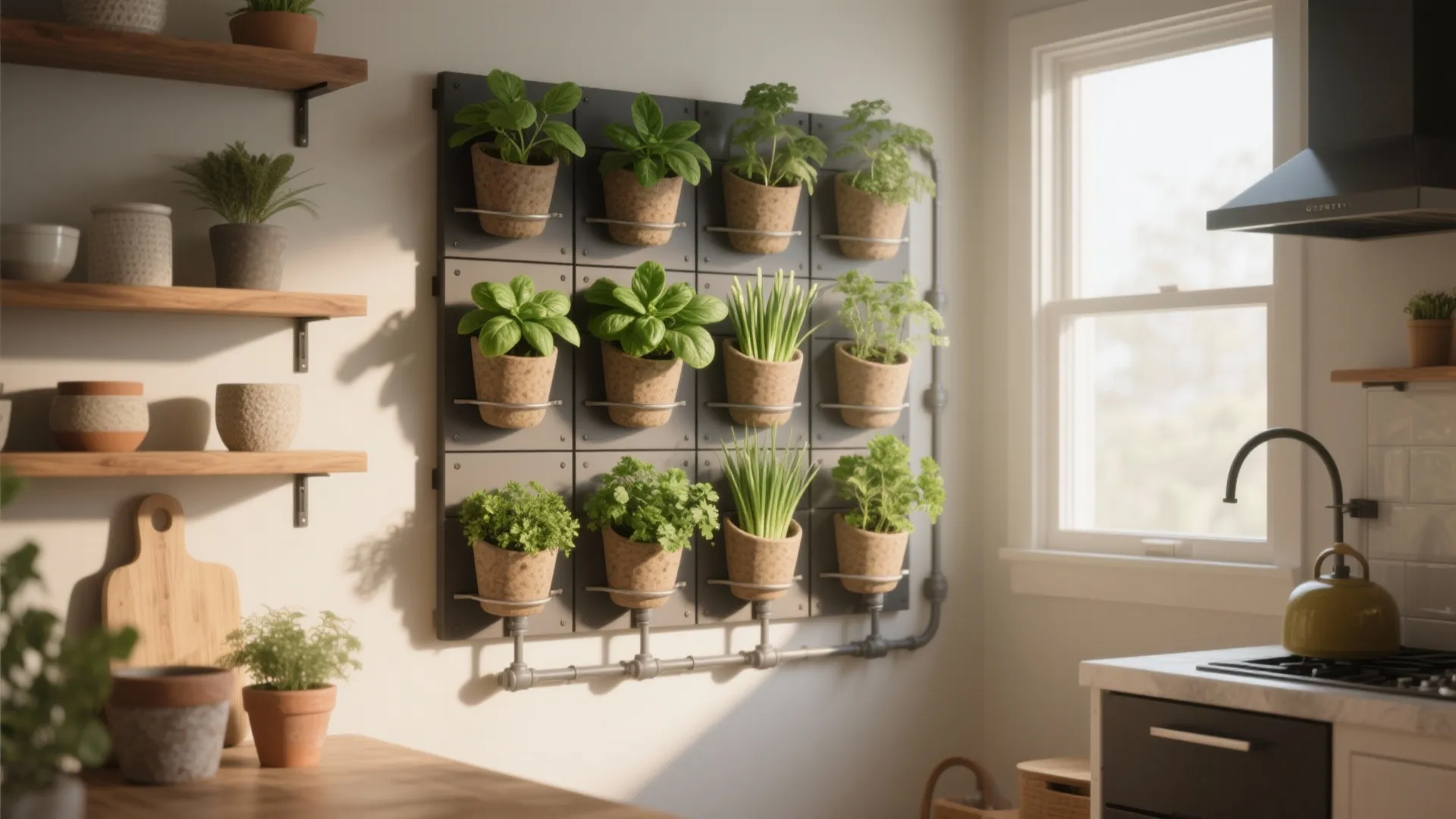 Modern kitchen with vertical herb garden on wall next to window and wooden floating shelves
