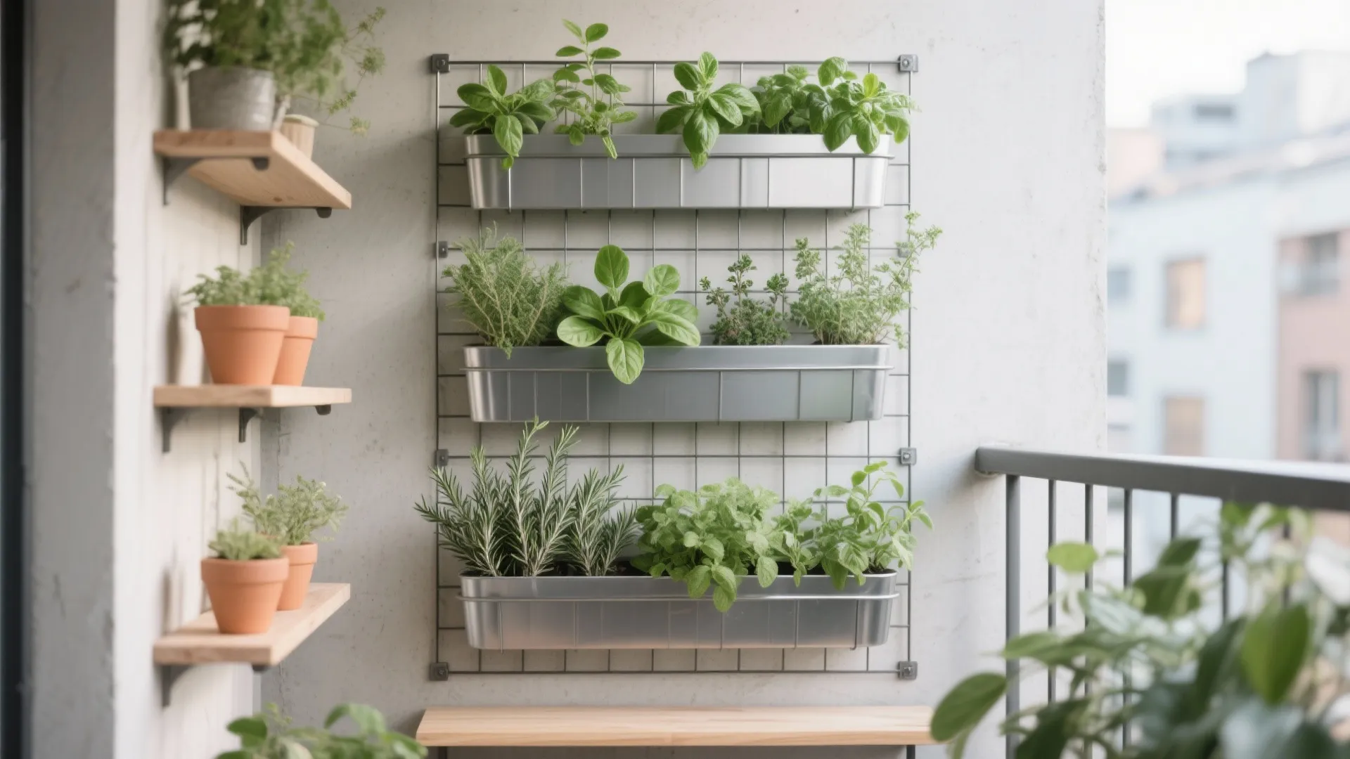 Vertical herb garden on balcony wall with metal hanging planters and wooden shelves holding small plants