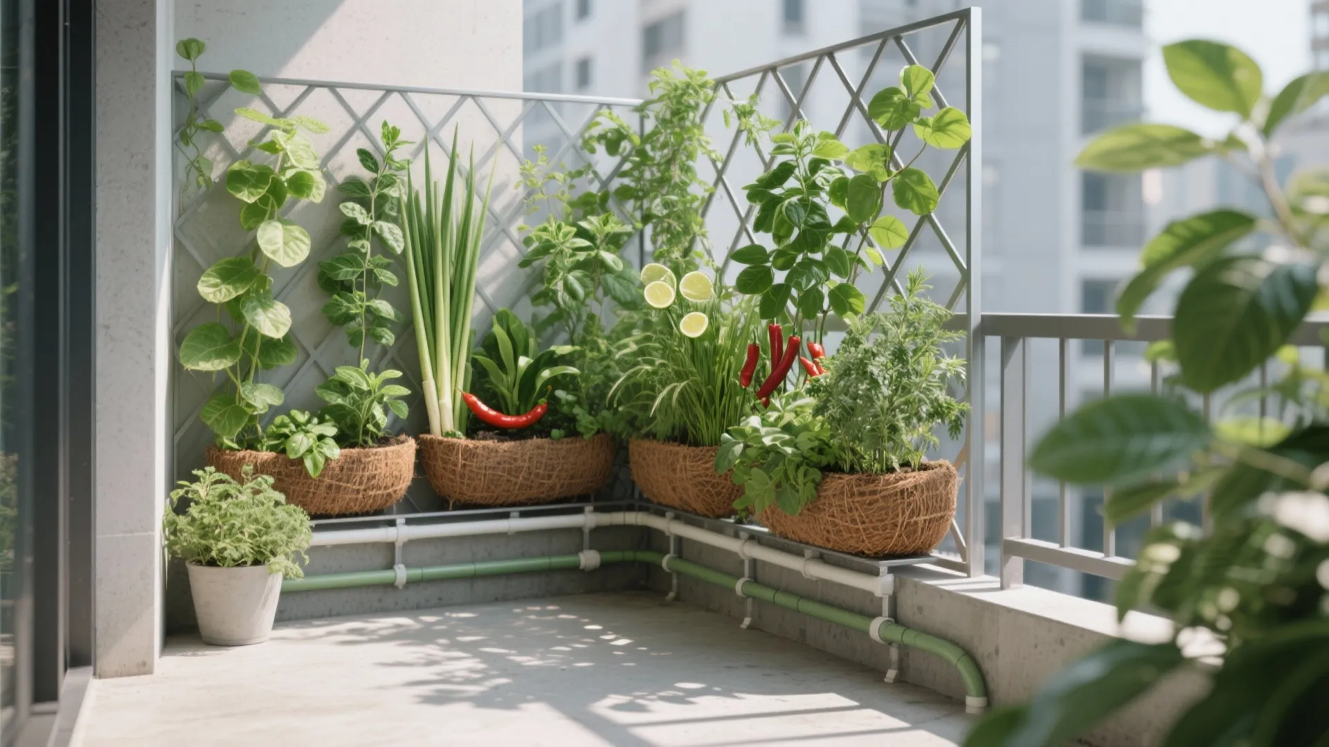Balcony living wall with aluminum trellis, coir liners, and thriving edible herbs.