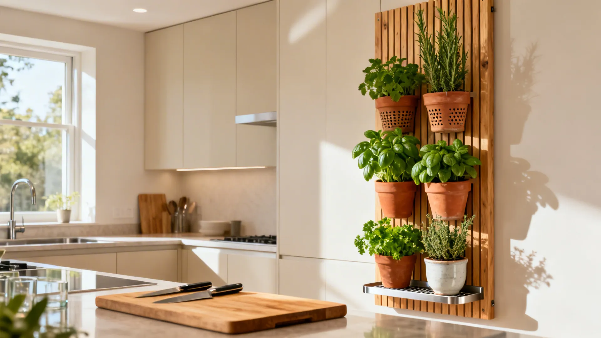 Slim cedar herb wall with modular pots beside a prep zone under soft daylight.