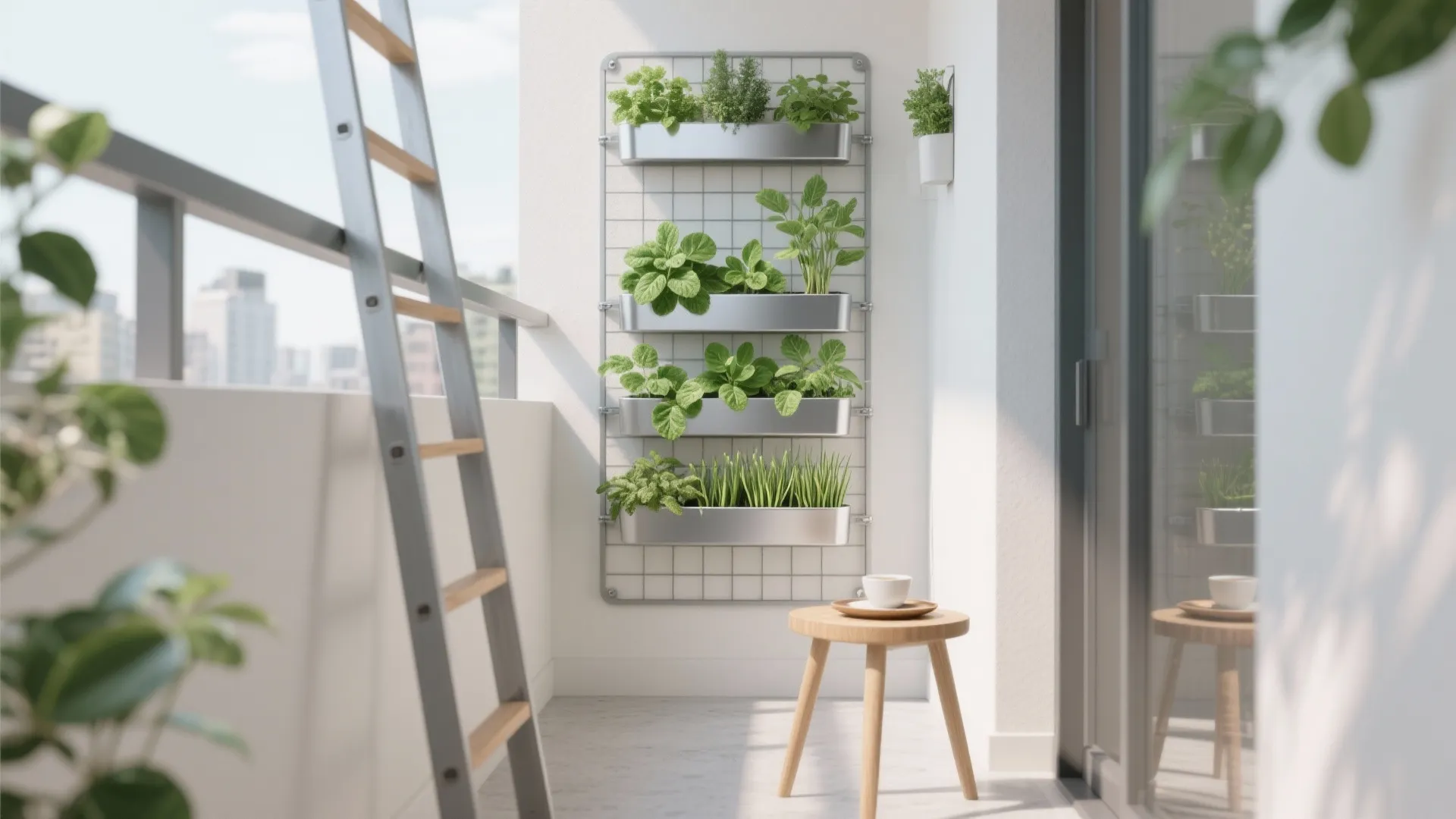 Modern balcony garden featuring a vertical metal herb rack with green plants and small wooden stool
