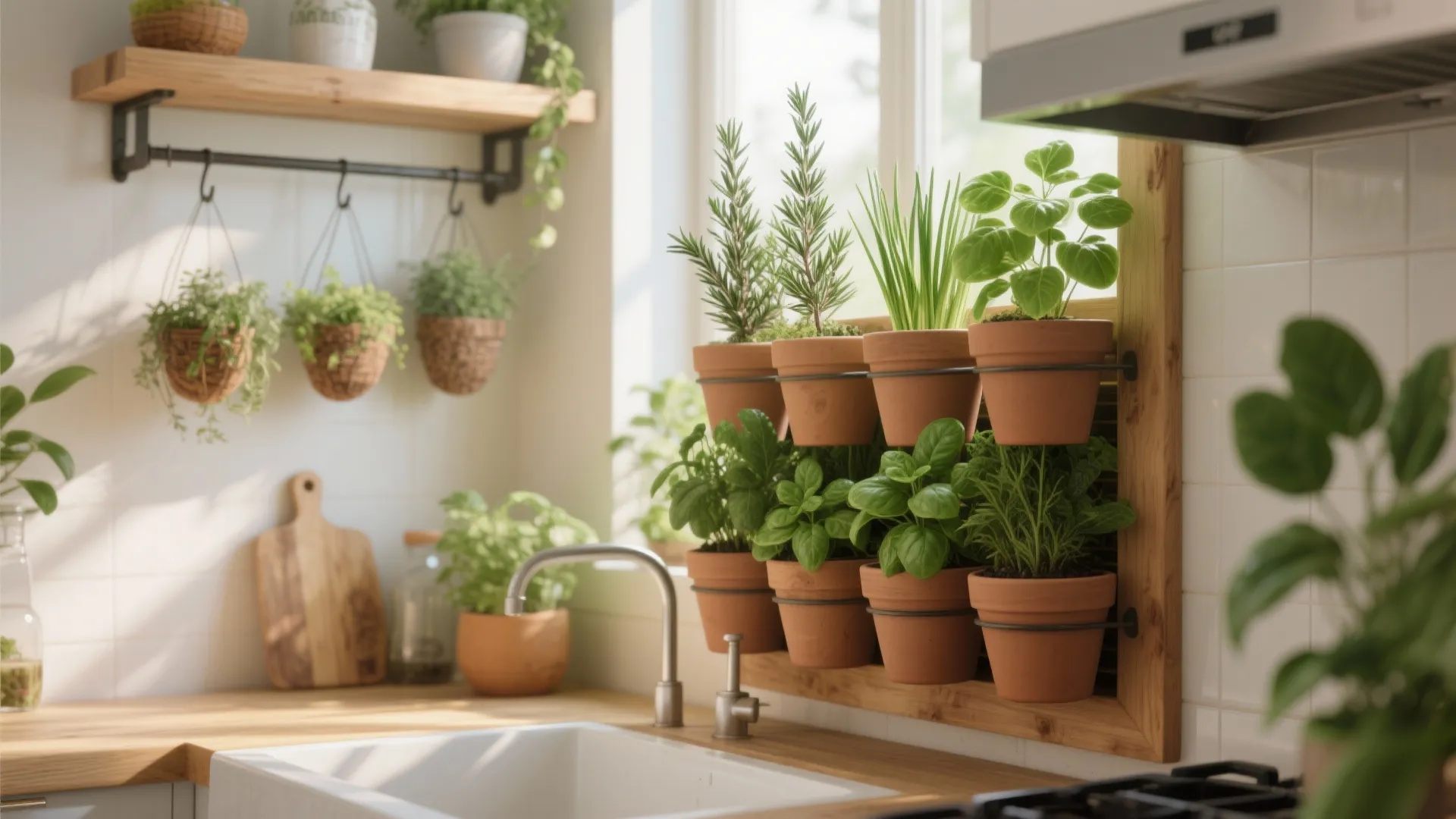 Indoor kitchen garden with small green plants in clay pots mounted on a wooden wall frame