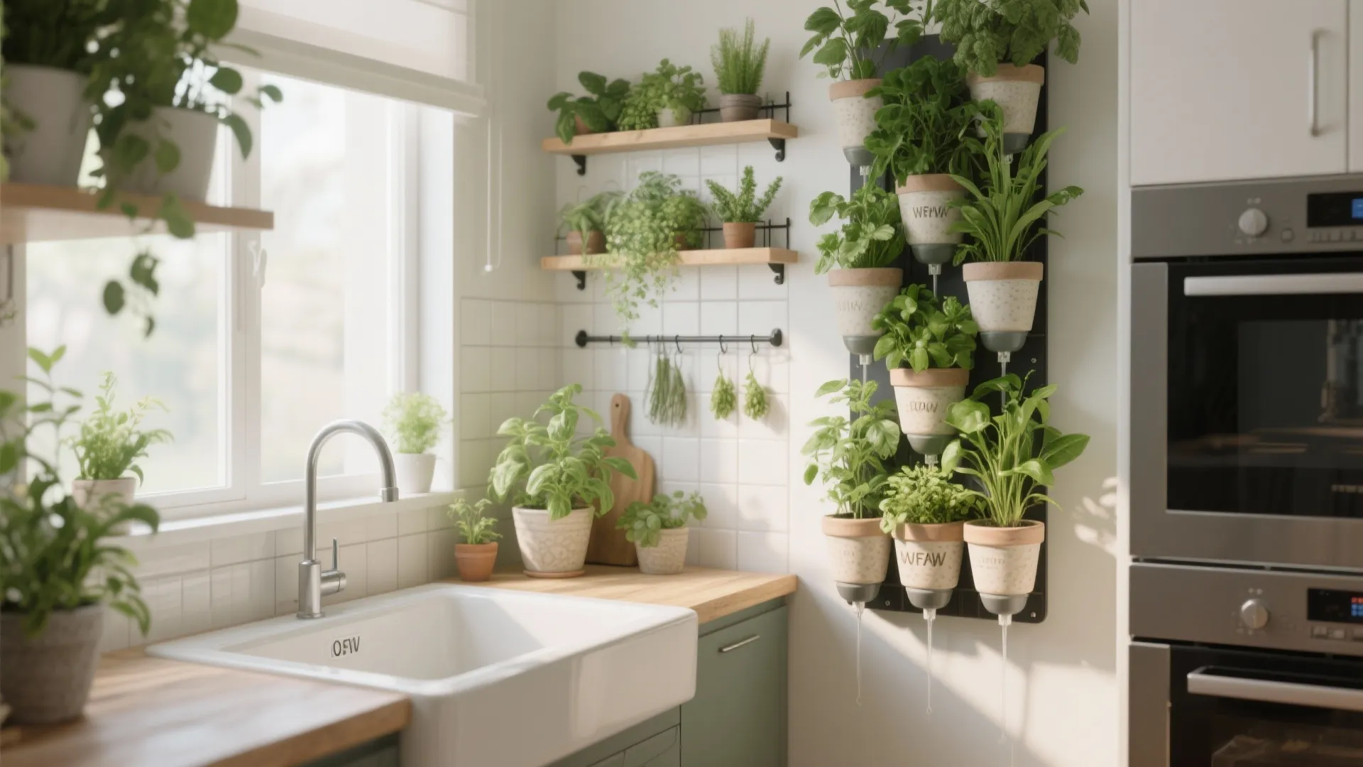 Vertical herb planter above the sink and magnetic herb rack on the backsplash in a small kitchen.