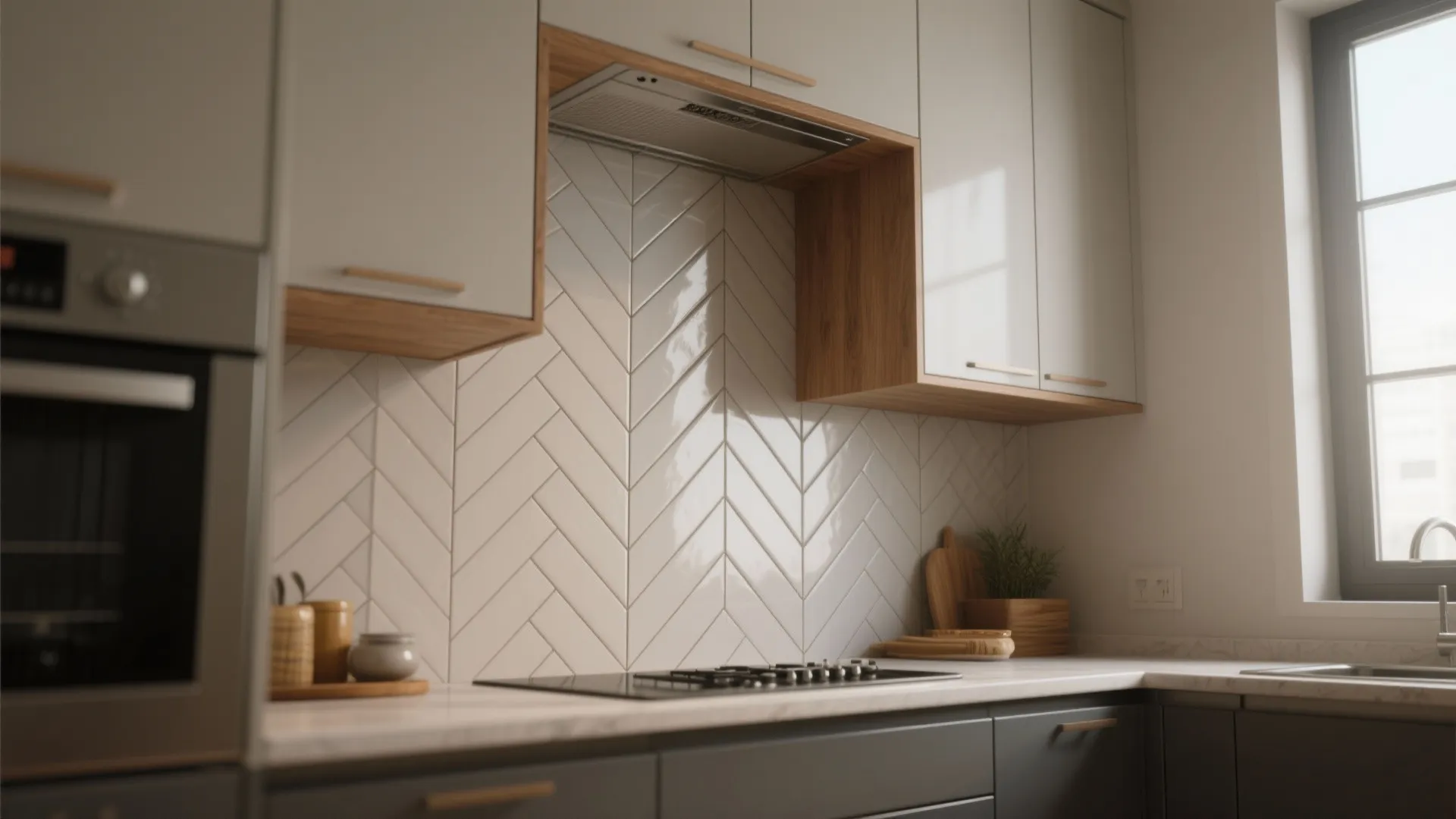 Modern kitchen featuring white herringbone backsplash tiles, wooden upper cabinets, grey lower cabinets, and lighting