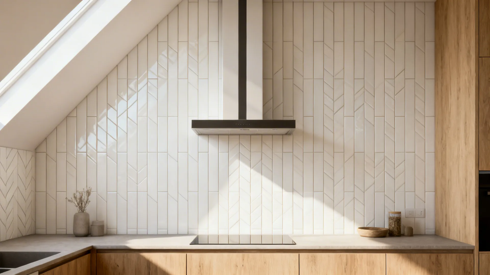 Small kitchen with slim tiles in vertical herringbone rising to the ceiling around the range hood.