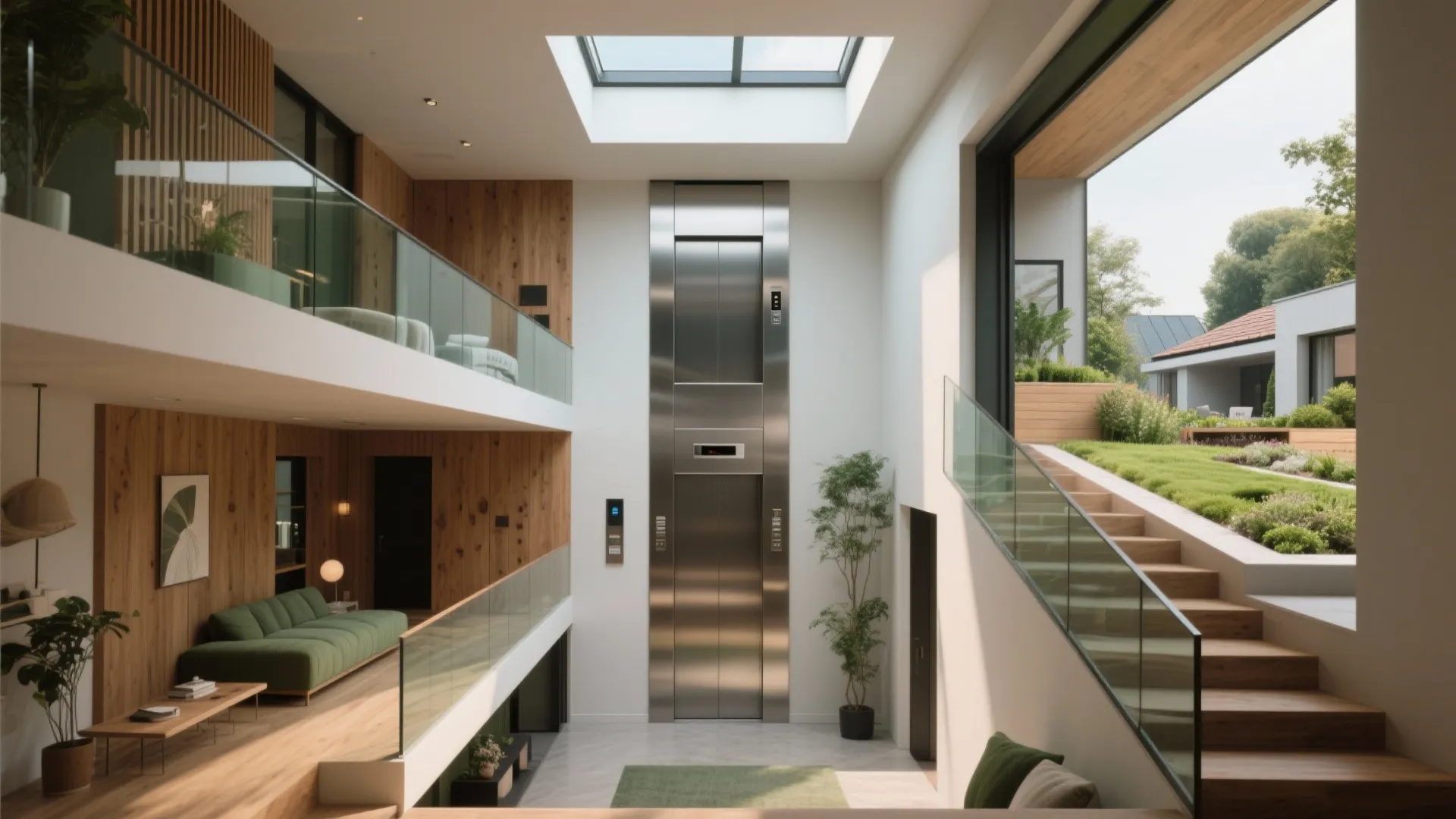 Modern home elevator in bright luxury house with wooden wall panels glass stairs and green sofa