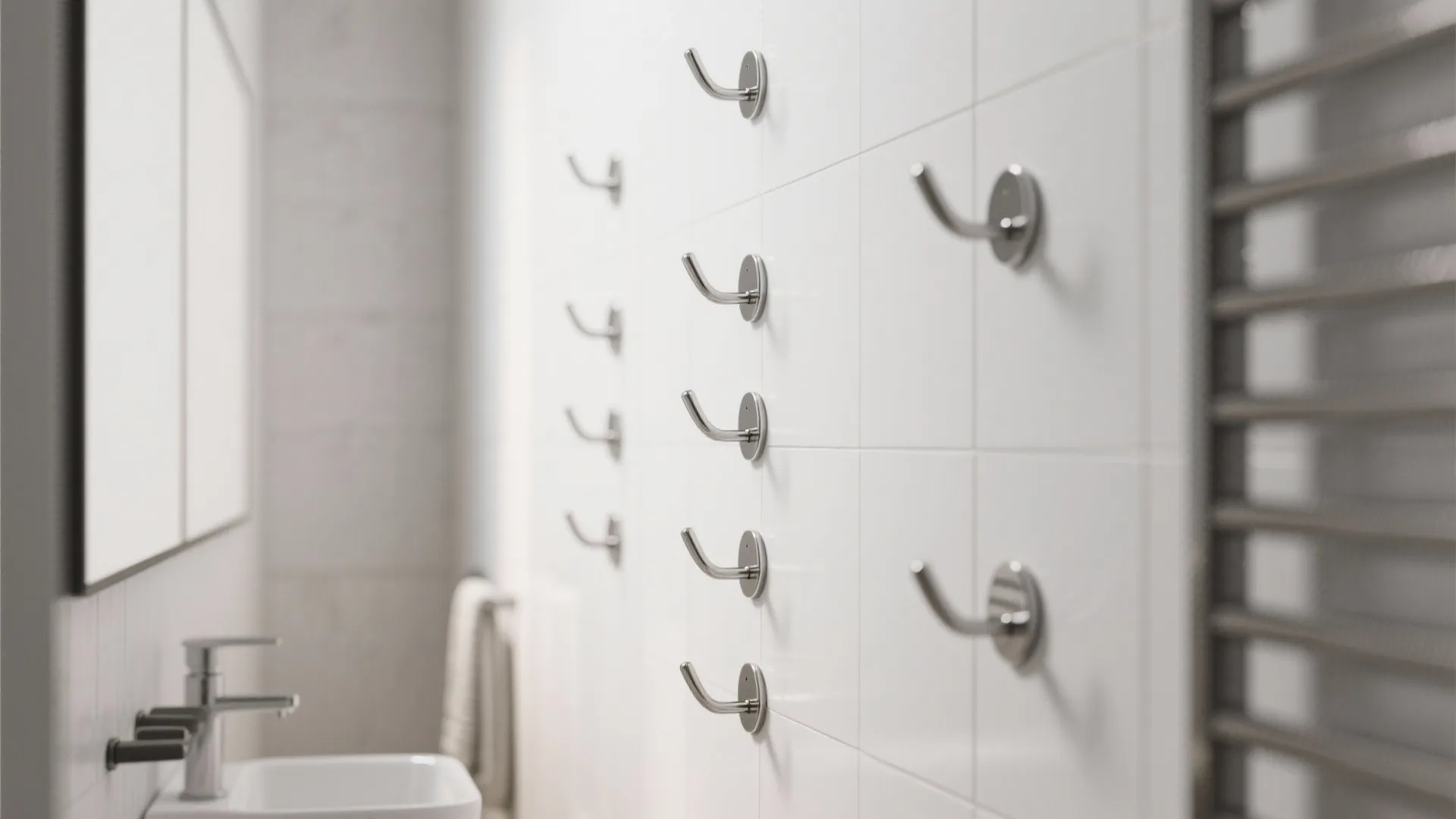 Row of silver metal wall hooks on white tiles next to a white bathroom sink